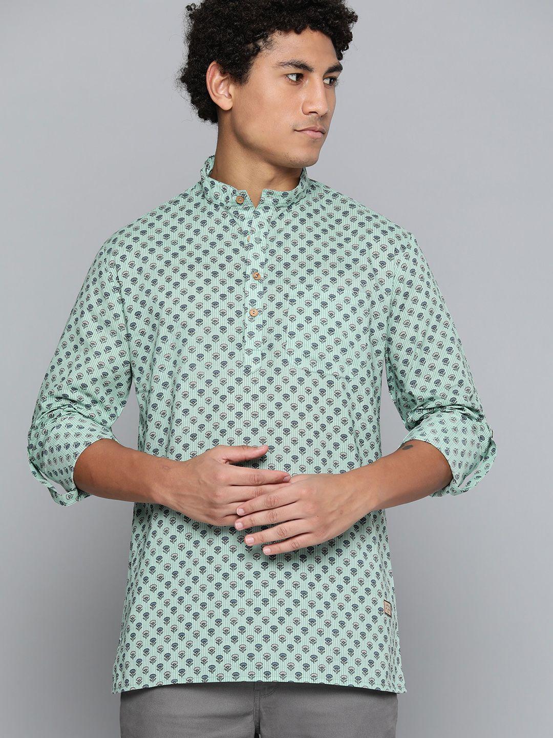 dennison men sea green floral printed kurta