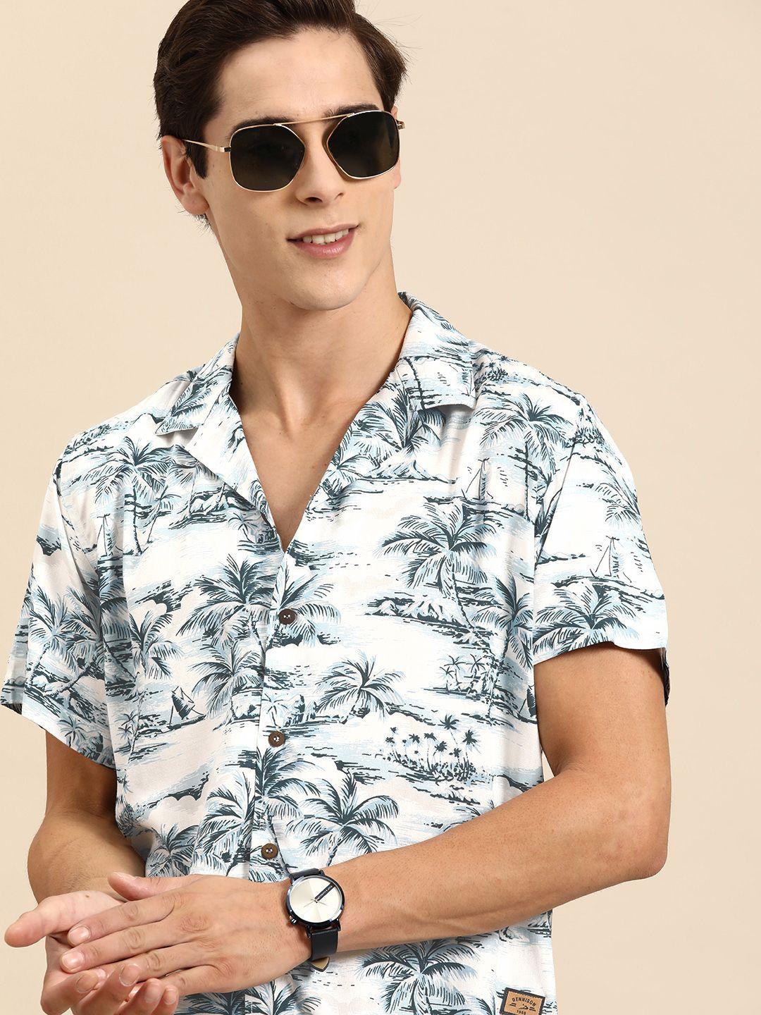 dennison men smart floral opaque printed cuban collar casual shirt