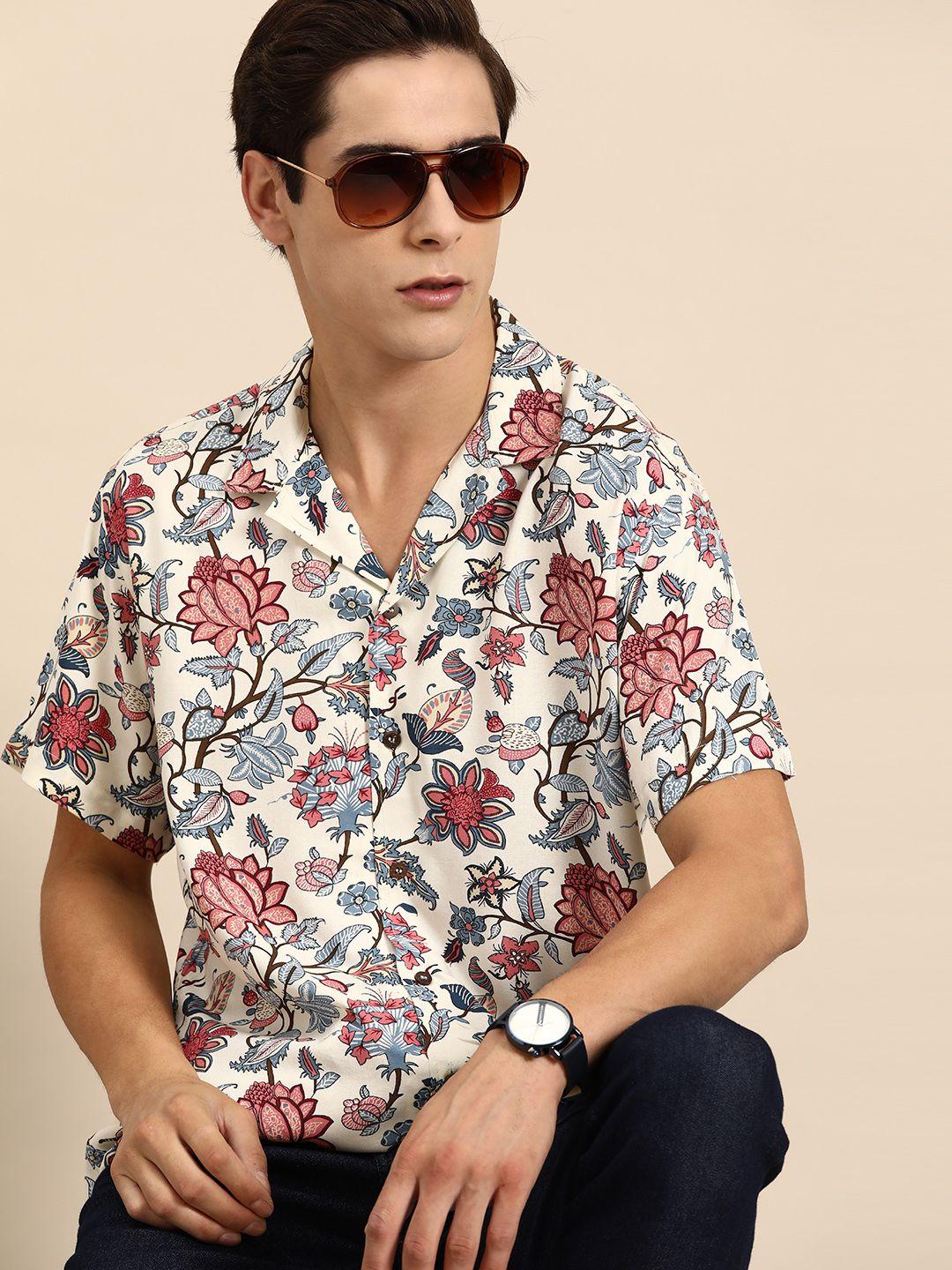 dennison men smart floral printed cuban collar casual shirt