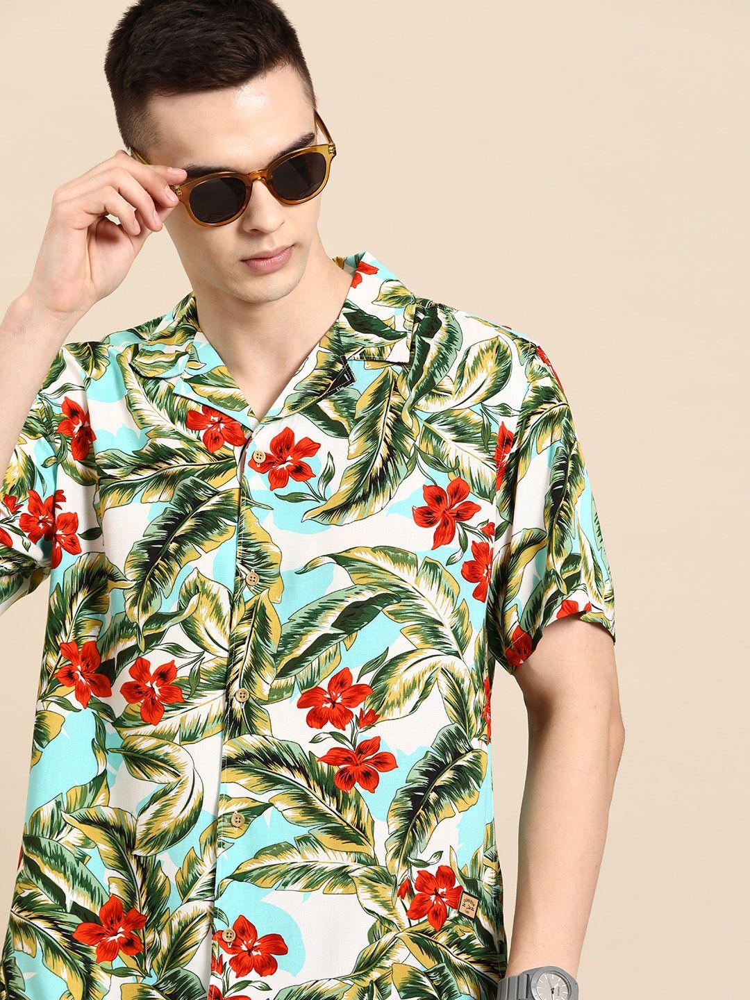 dennison men smart floral printed cuban collar casual shirt