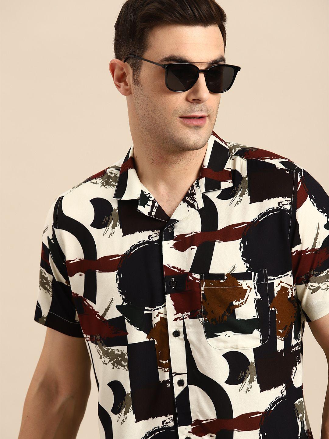 dennison men smart opaque abstract printed cuban collar casual shirt