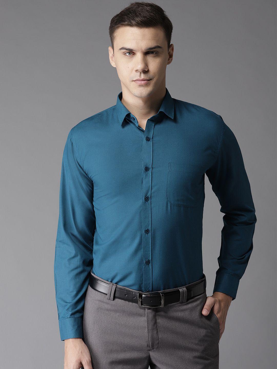 dennison men teal blue classic regular fit solid formal shirt