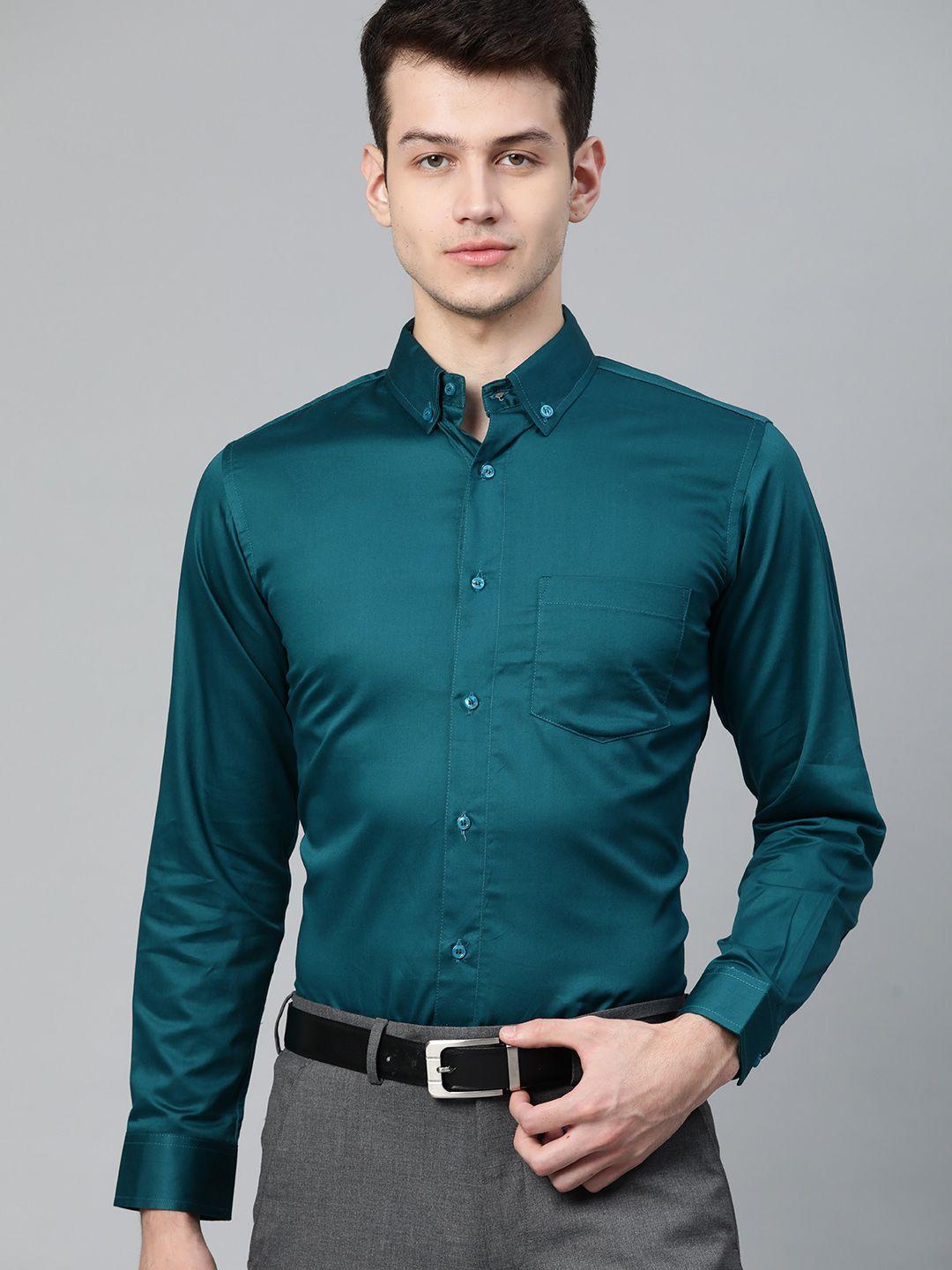 dennison men teal green smart slim fit solid formal shirt