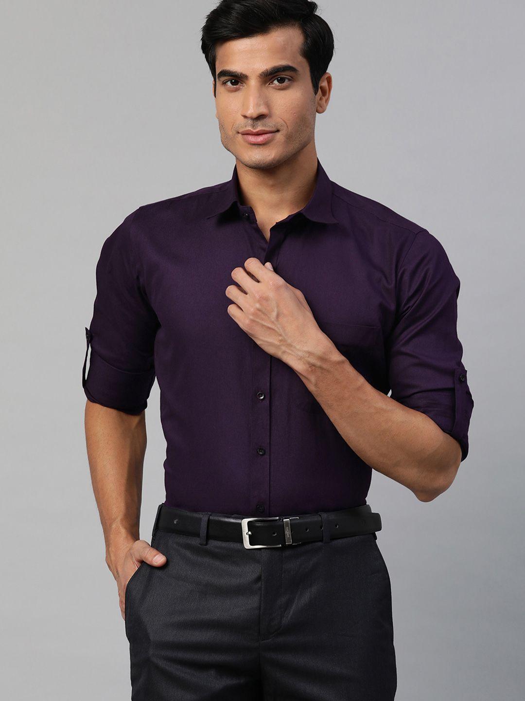 dennison men violet solid pure cotton smart slim fit formal shirt