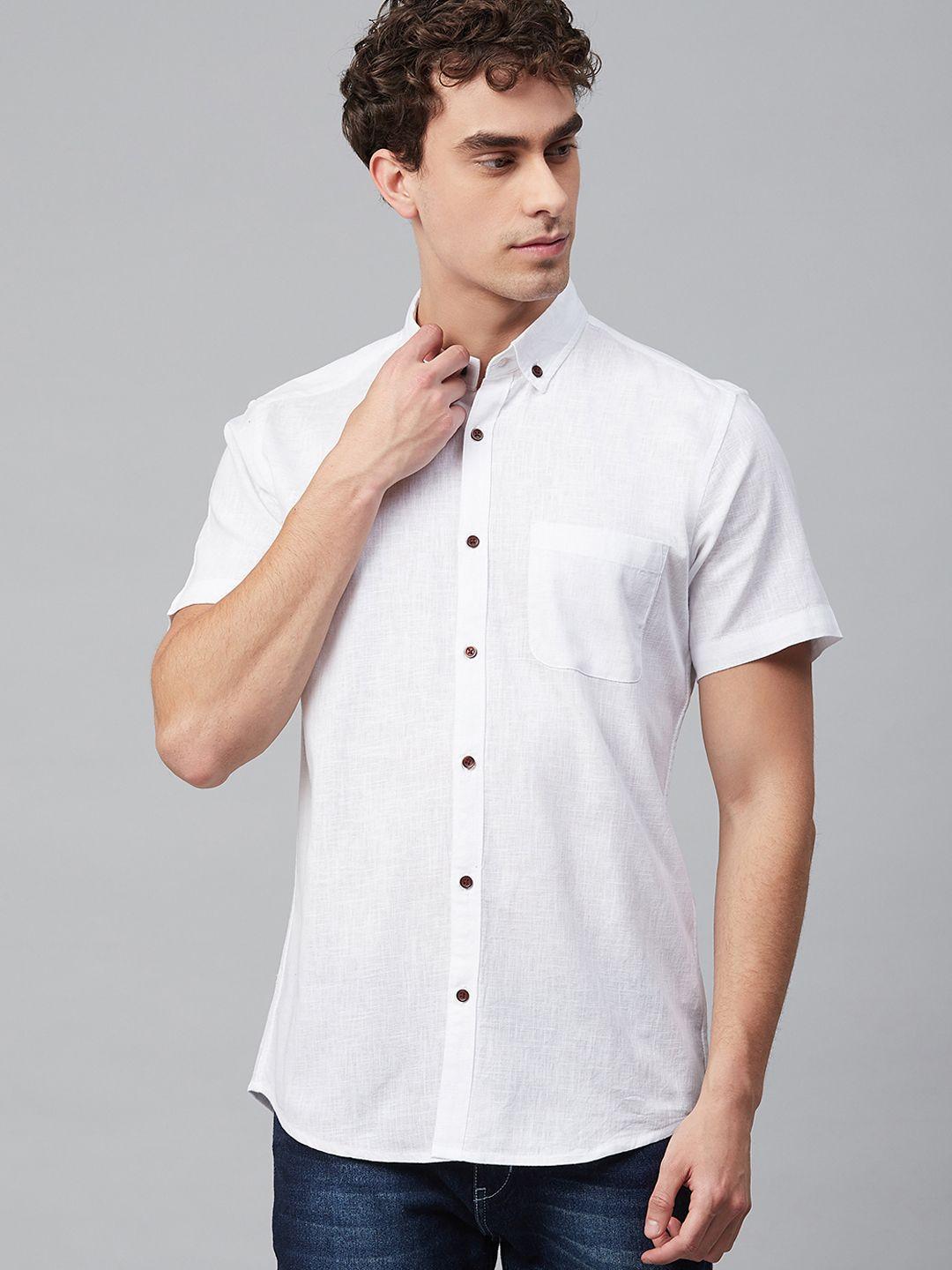 dennison men white smart slim fit solid cotton linen casual shirt