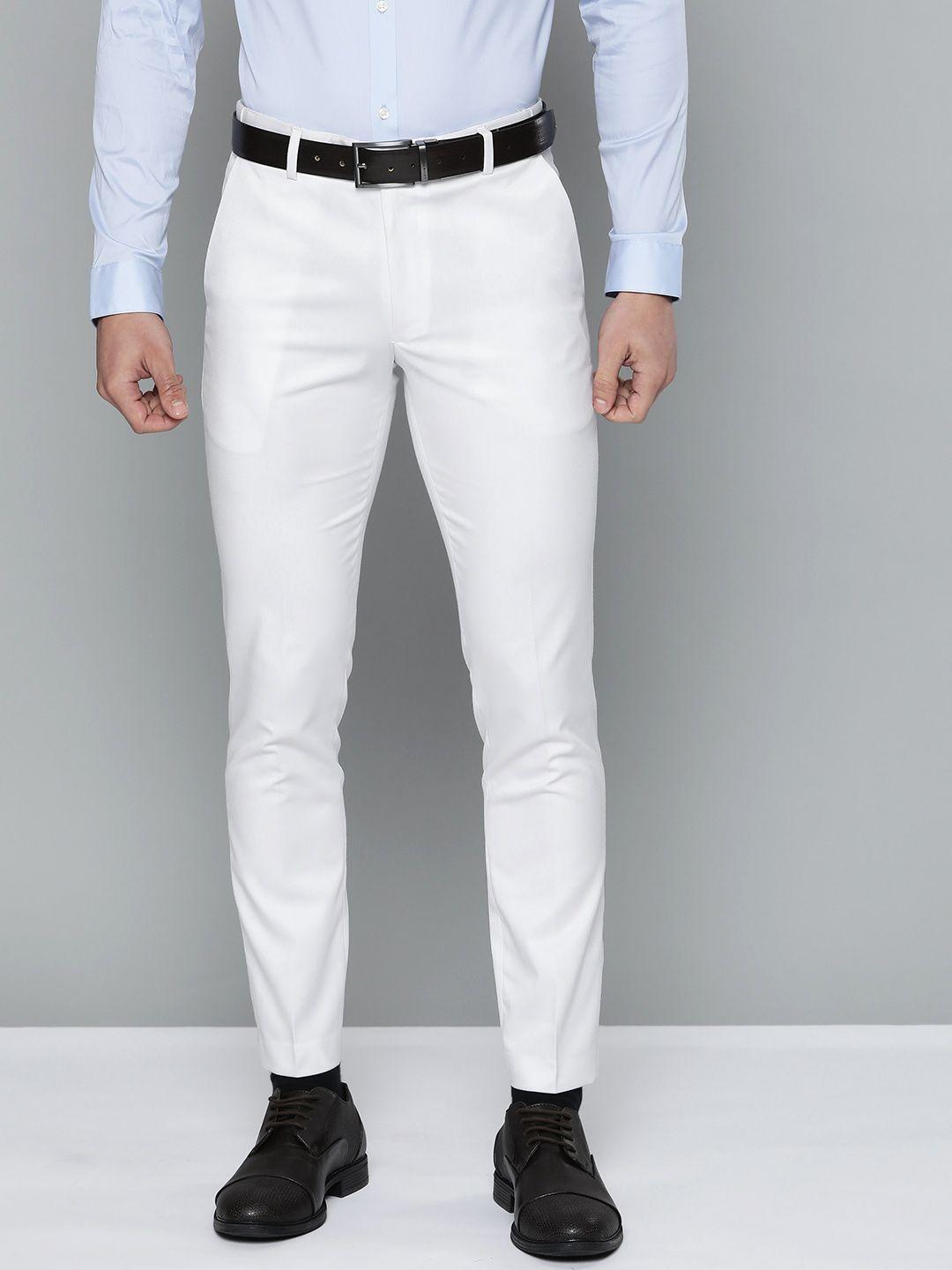 dennison men white solid smart auto fit waist formal trousers