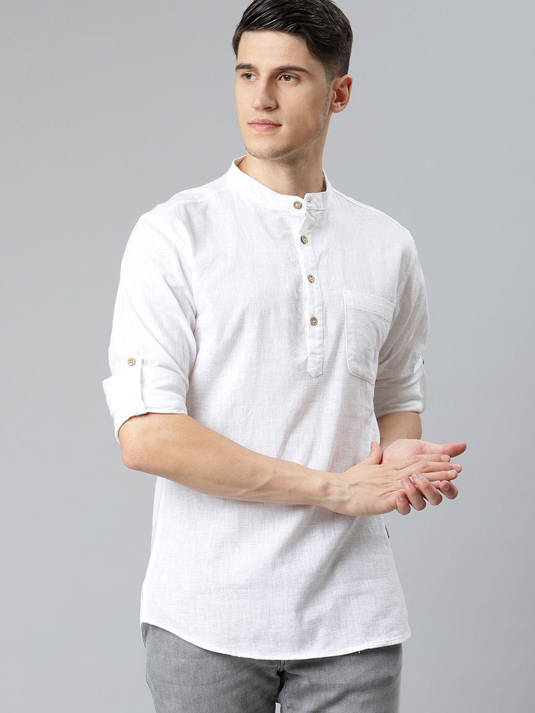 dennison men white solid straight pure cotton short kurta