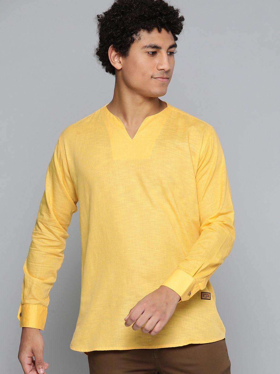 dennison men yellow solid casual kurta