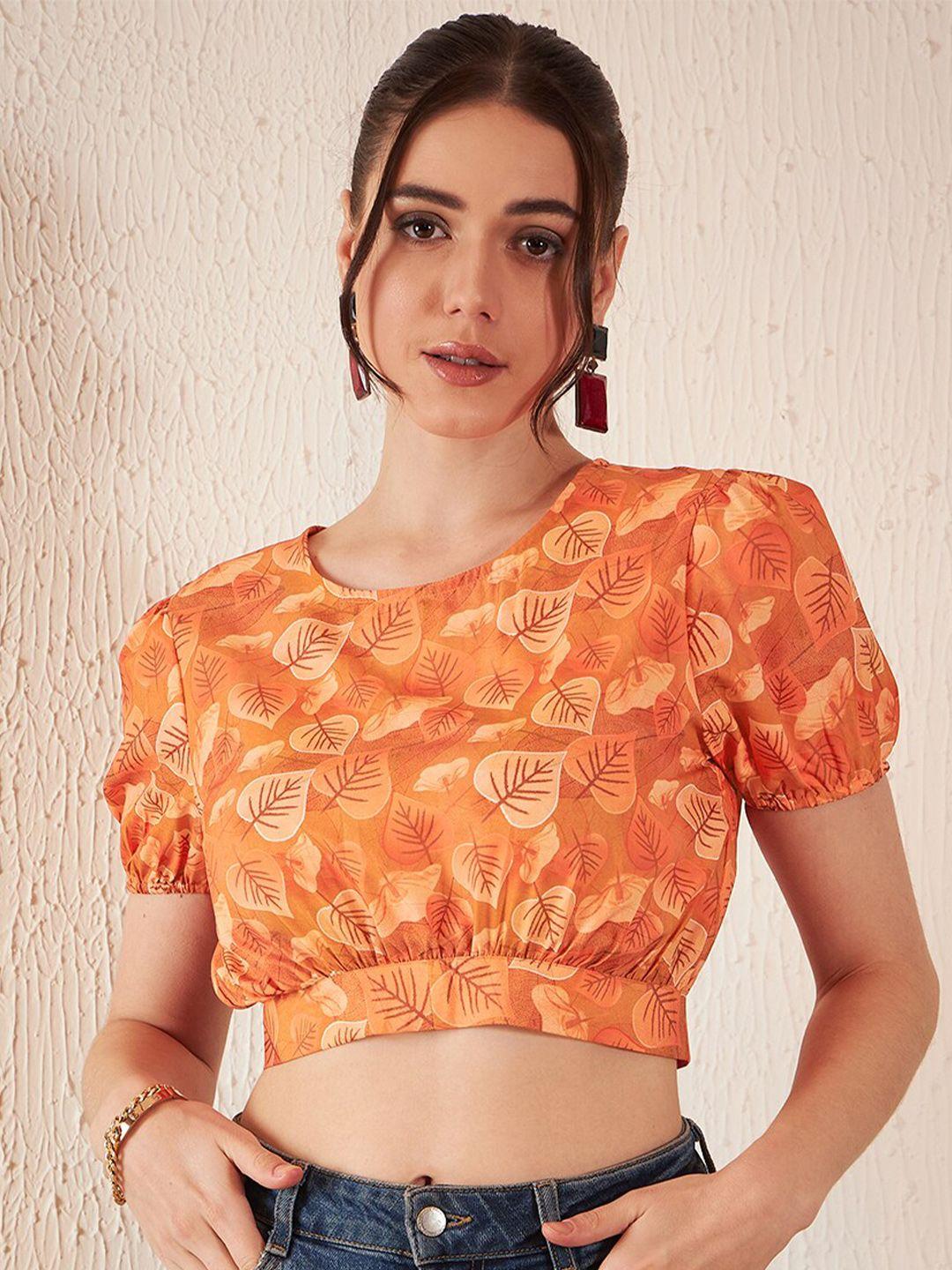 dennison orange print puff sleeve crepe blouson crop top