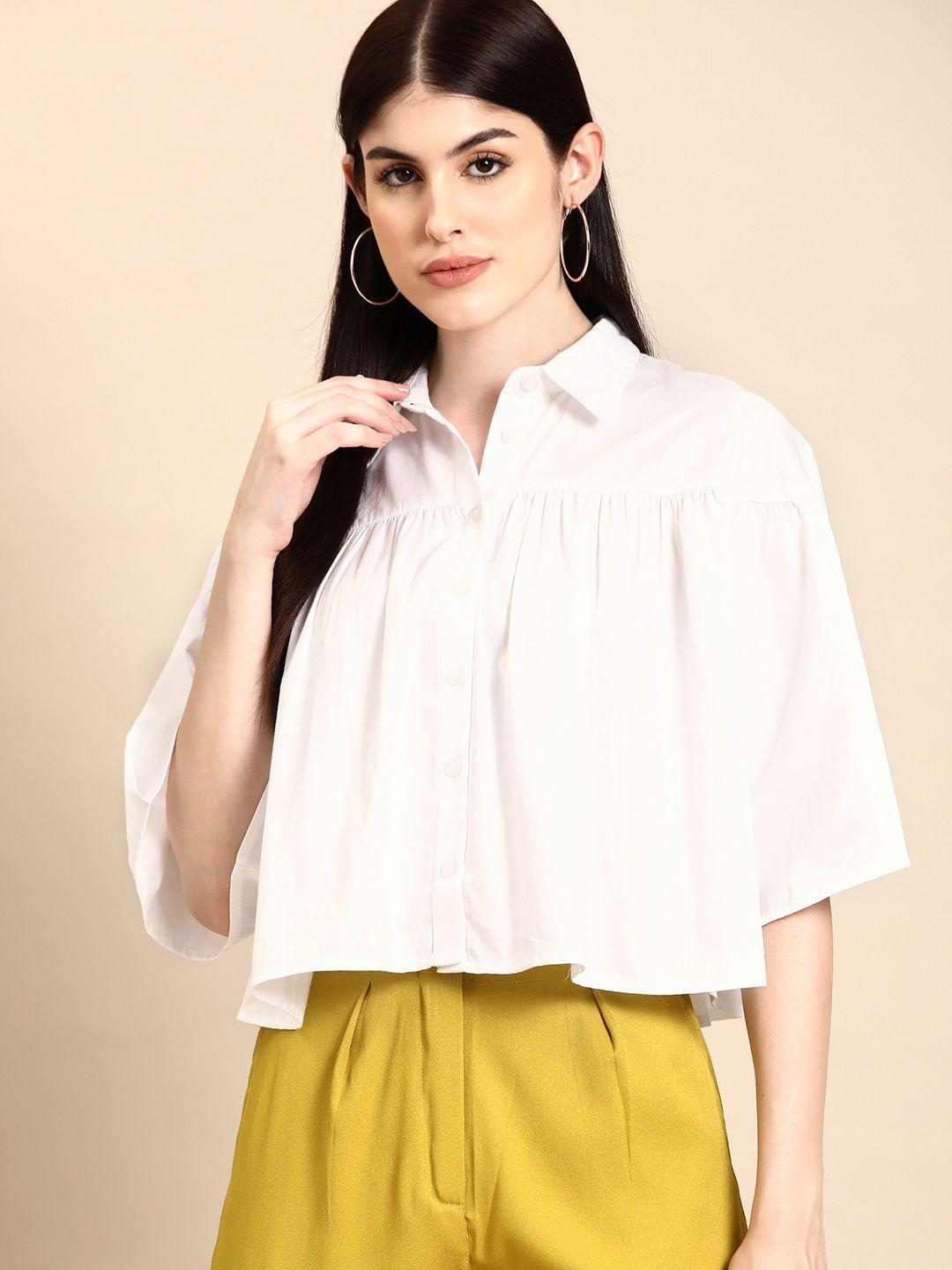 dennison smart boxy gathered casual crop shirt