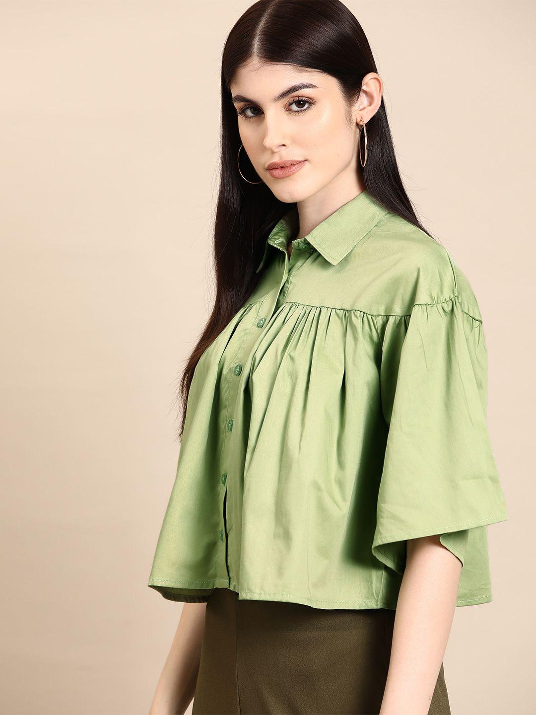 dennison smart boxy gathered casual crop shirt