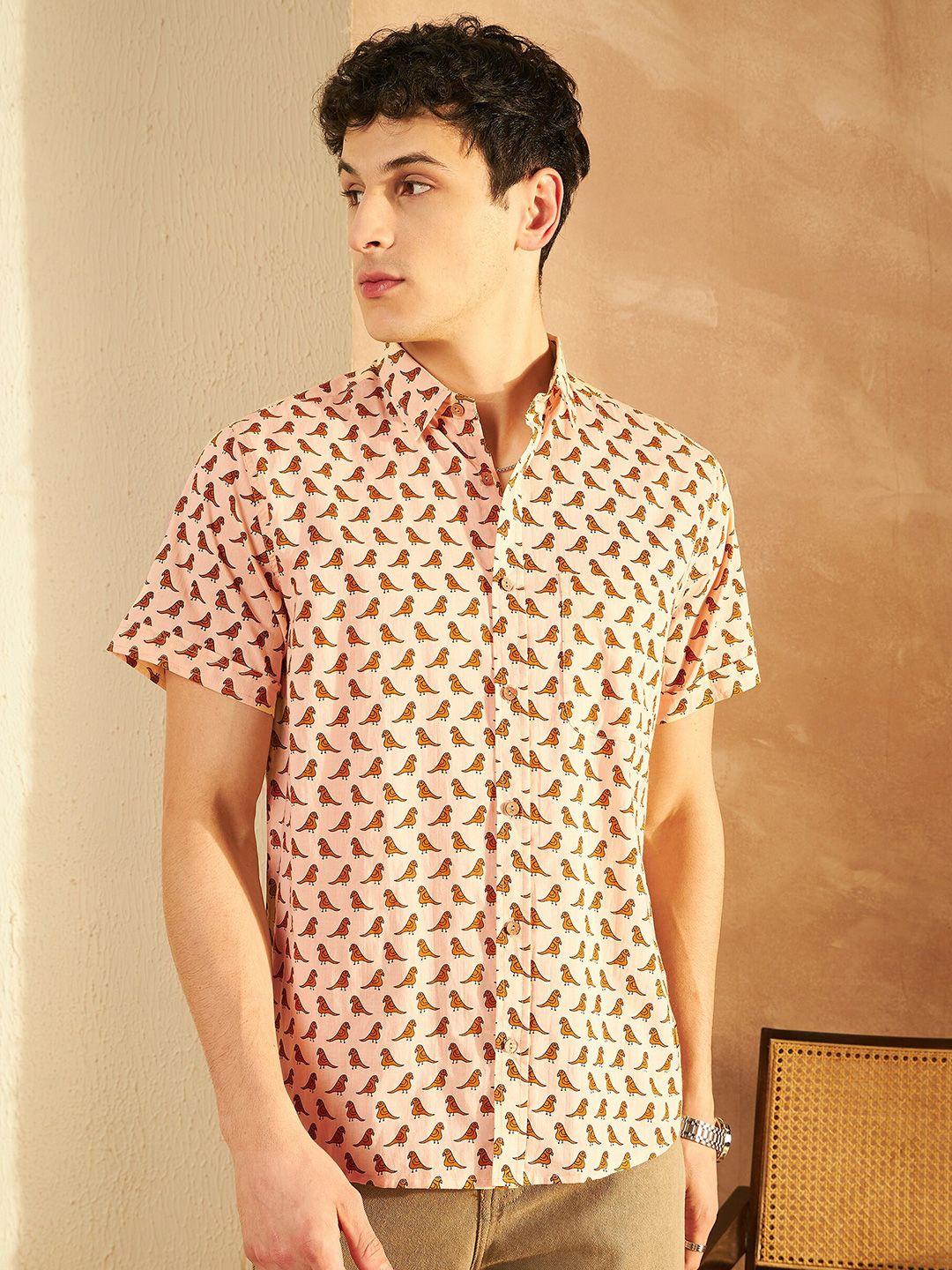 dennison smart ethnic motifs block printed spread collar cotton oversized casual shirt