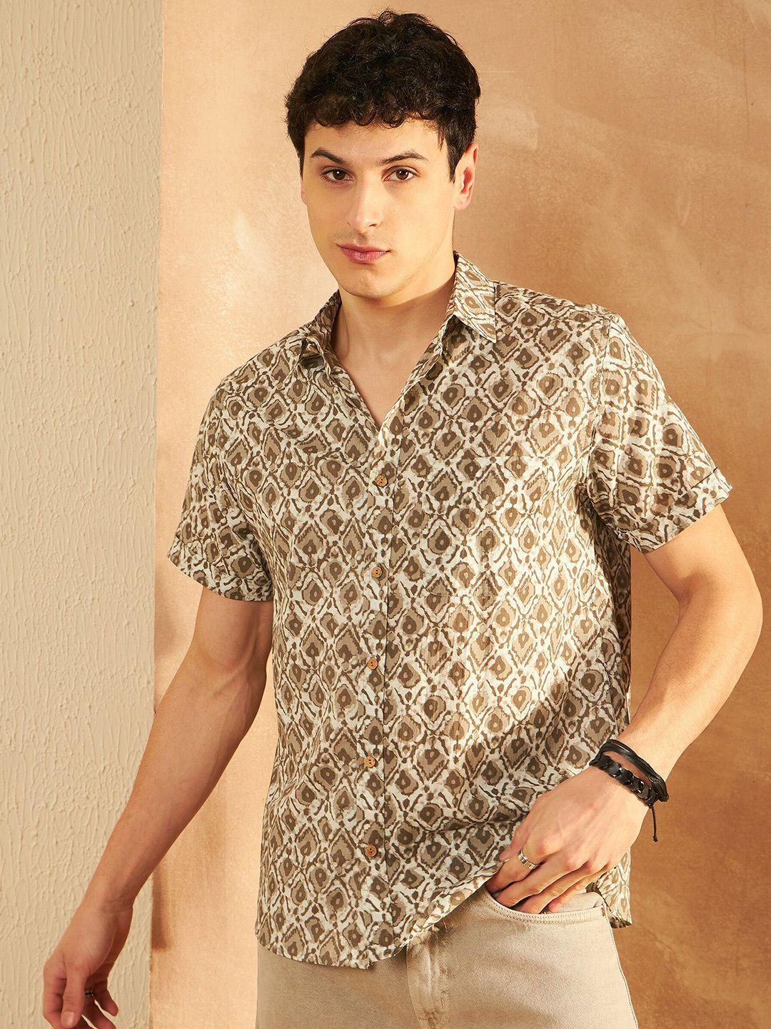 dennison smart ethnic motifs printed spread collar short sleeves cotton casual shirt