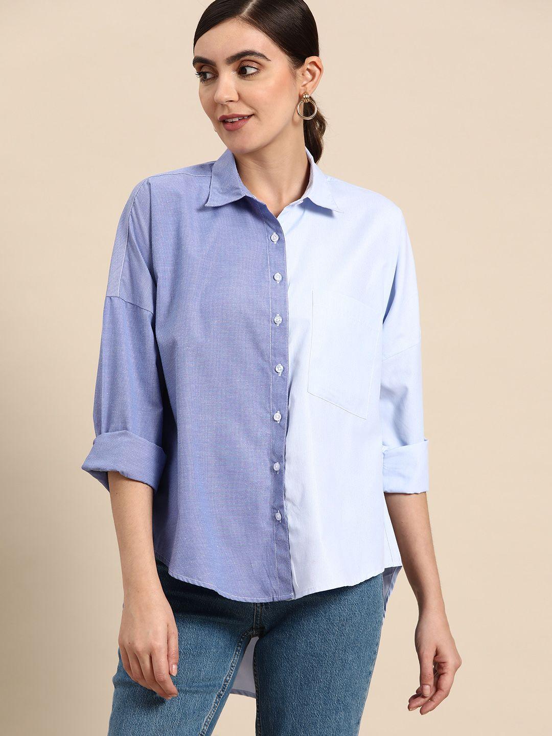 dennison women blue smart boxy opaque colourblocked casual shirt