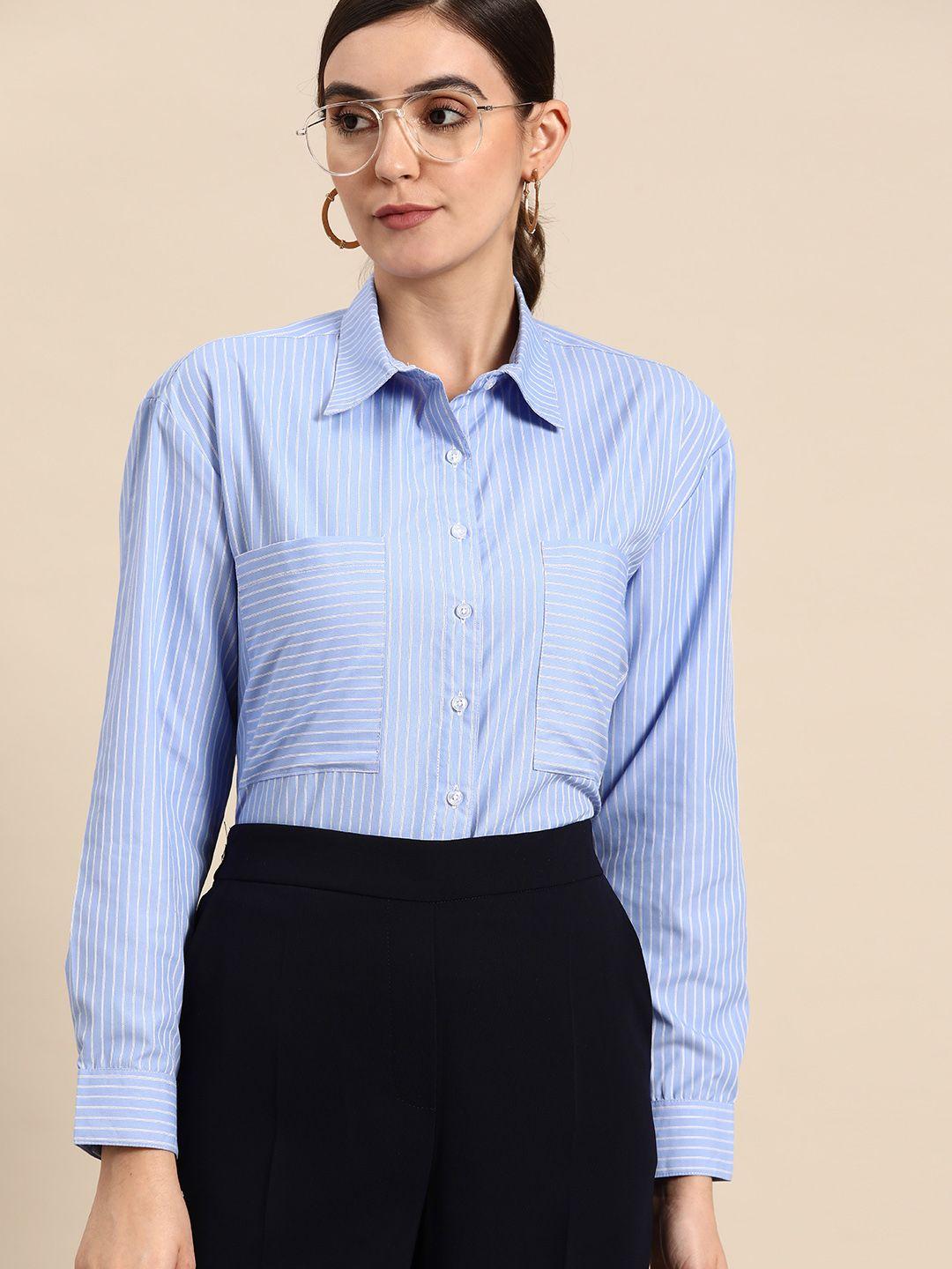 dennison women blue smart opaque striped formal shirt