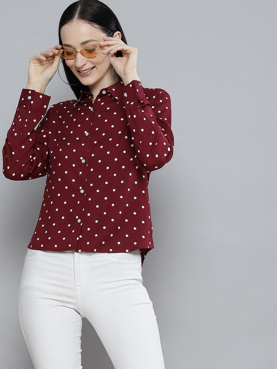 dennison women maroon & white smart polka dot printed casual shirt
