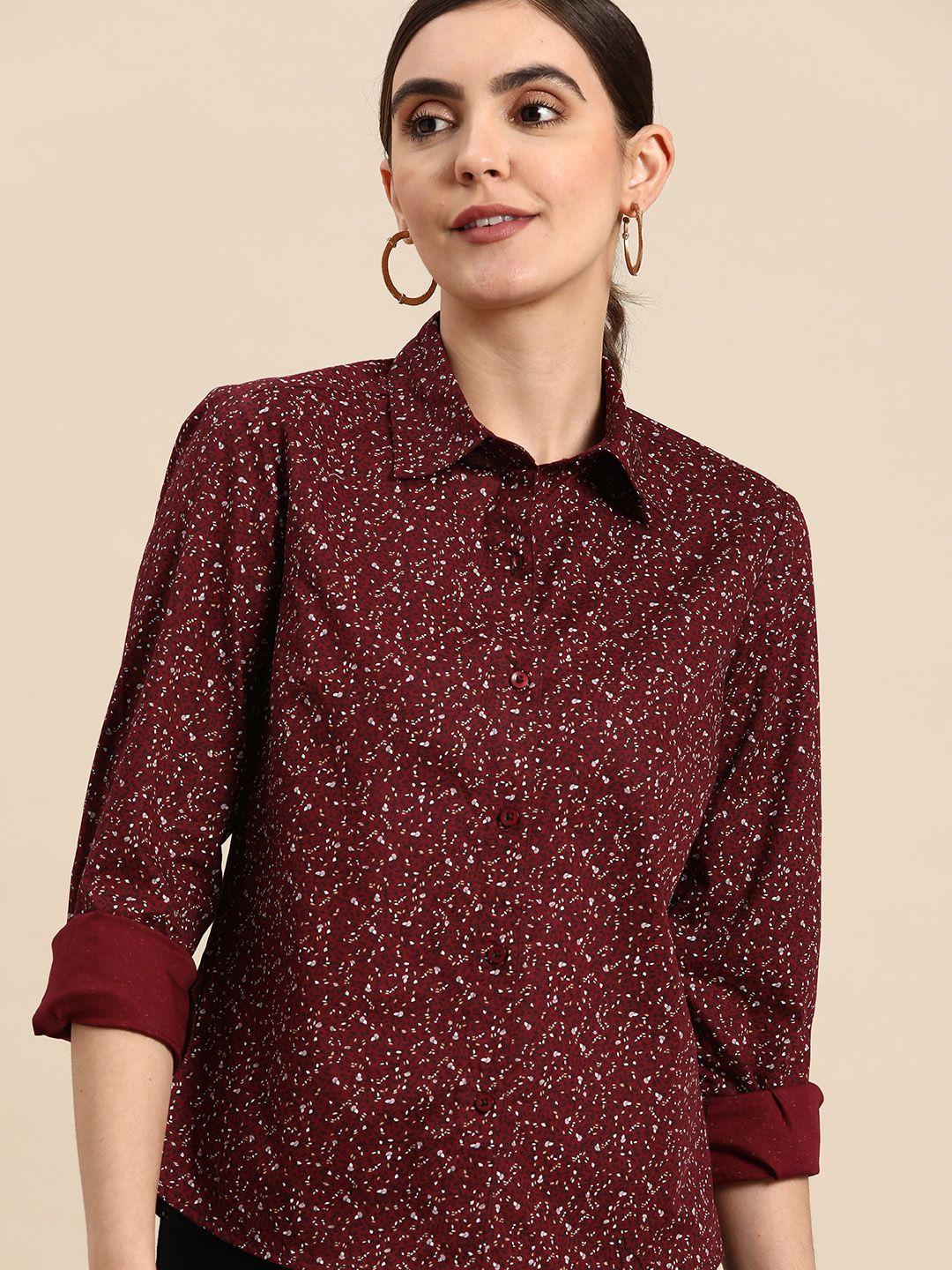 dennison women maroon smart slim fit floral opaque printed casual shirt
