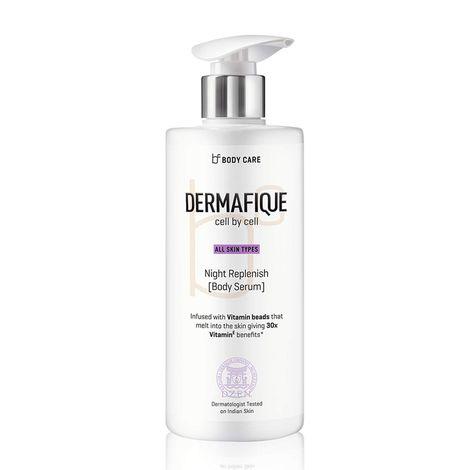 dermafique night replenish body serum, body lotion for all skin types, night regeneration, 30x vitamin e, deeply hydrates and moisturizes, repairs skin cell damage, dermatologist tested (300 ml)