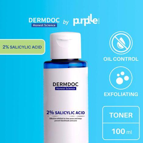 dermdoc by purplle 2% salicylic acid face toner (100ml) | toner for oily skin, acne-prone skin, combination skin | blackheads, whiteheads, pore tightening