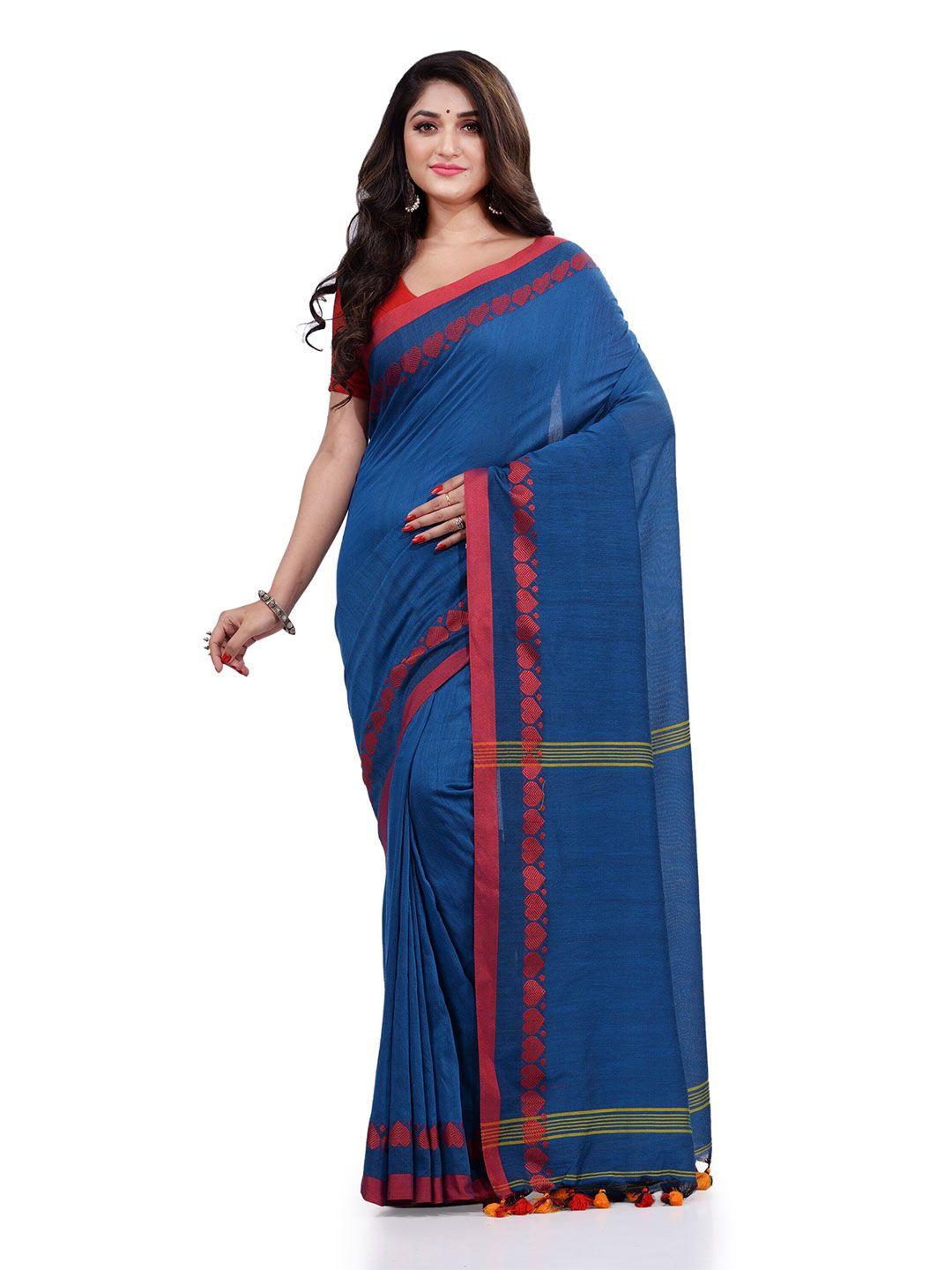 desh bidesh blue & red pure cotton handloom taant saree