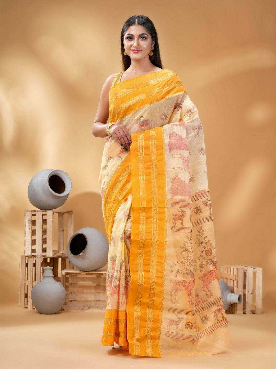 desh bidesh ethnic motifs printed zari pure cotton taant saree