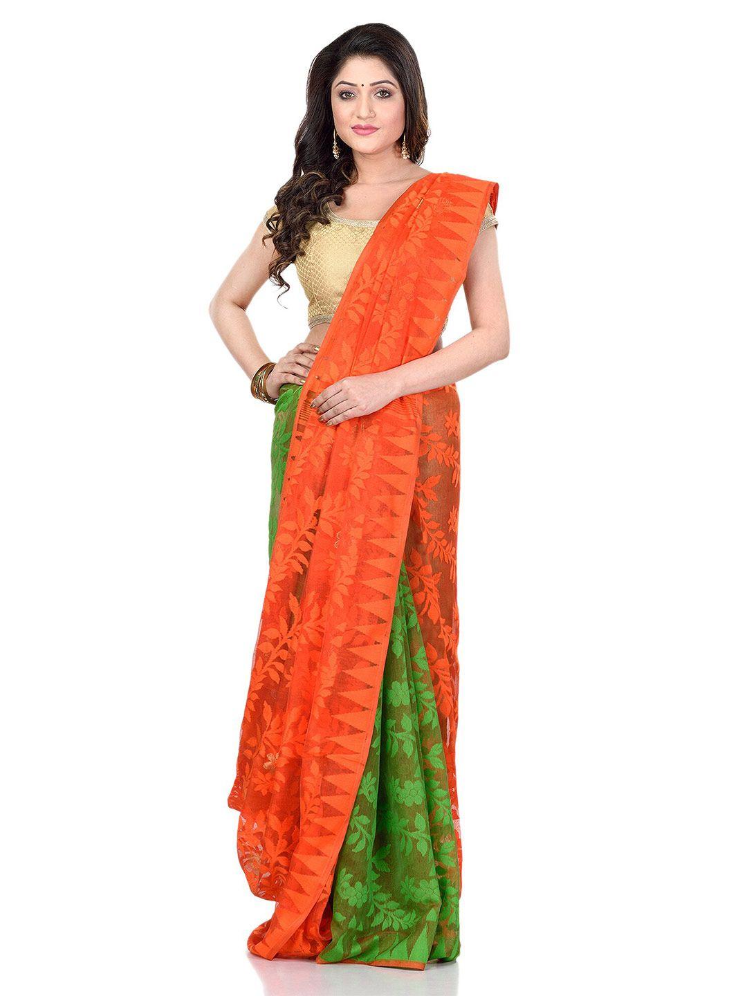 desh bidesh floral woven design pure cotton half and half jamdani saree