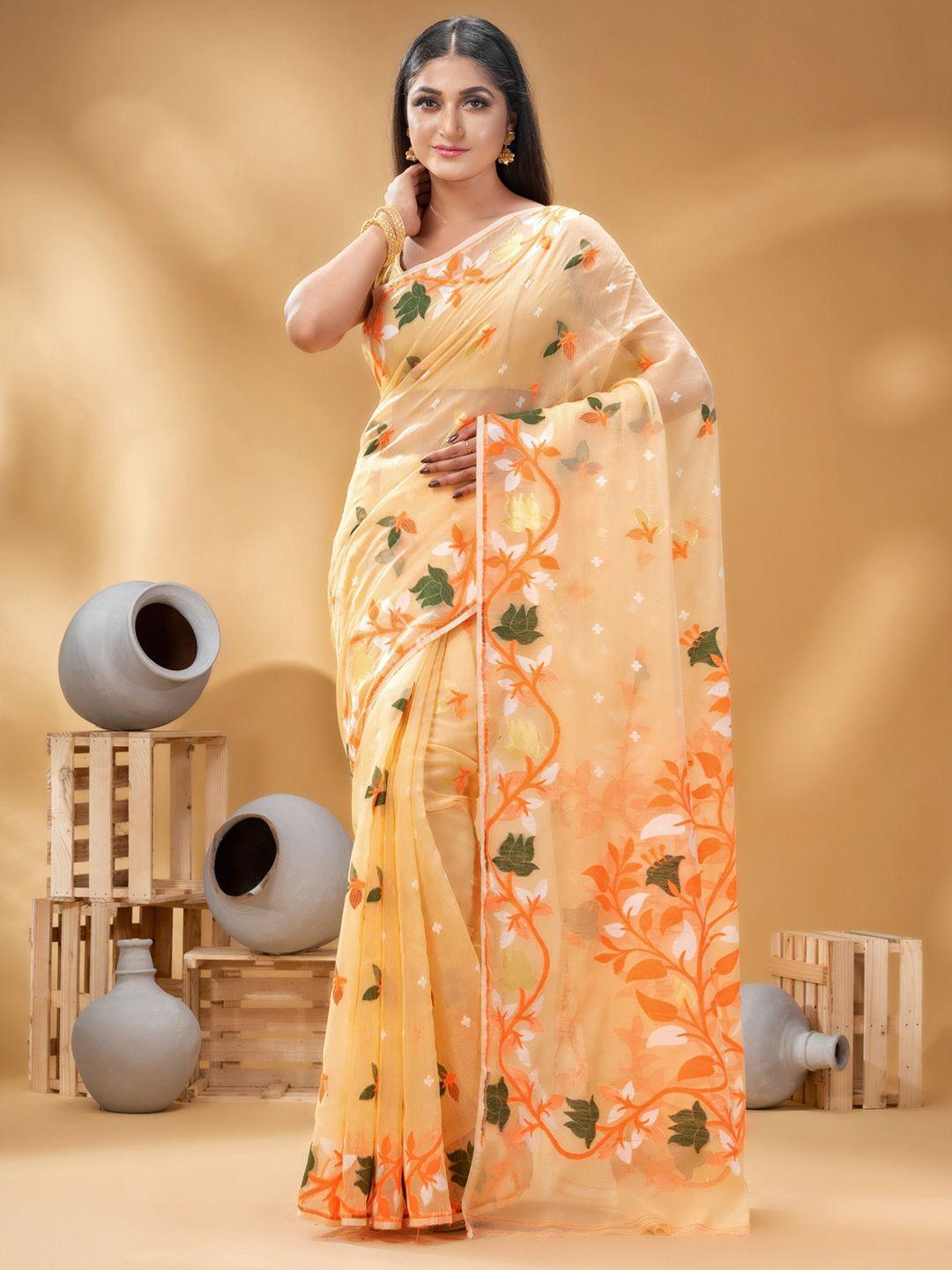 desh bidesh floral woven design pure cotton jamdani saree