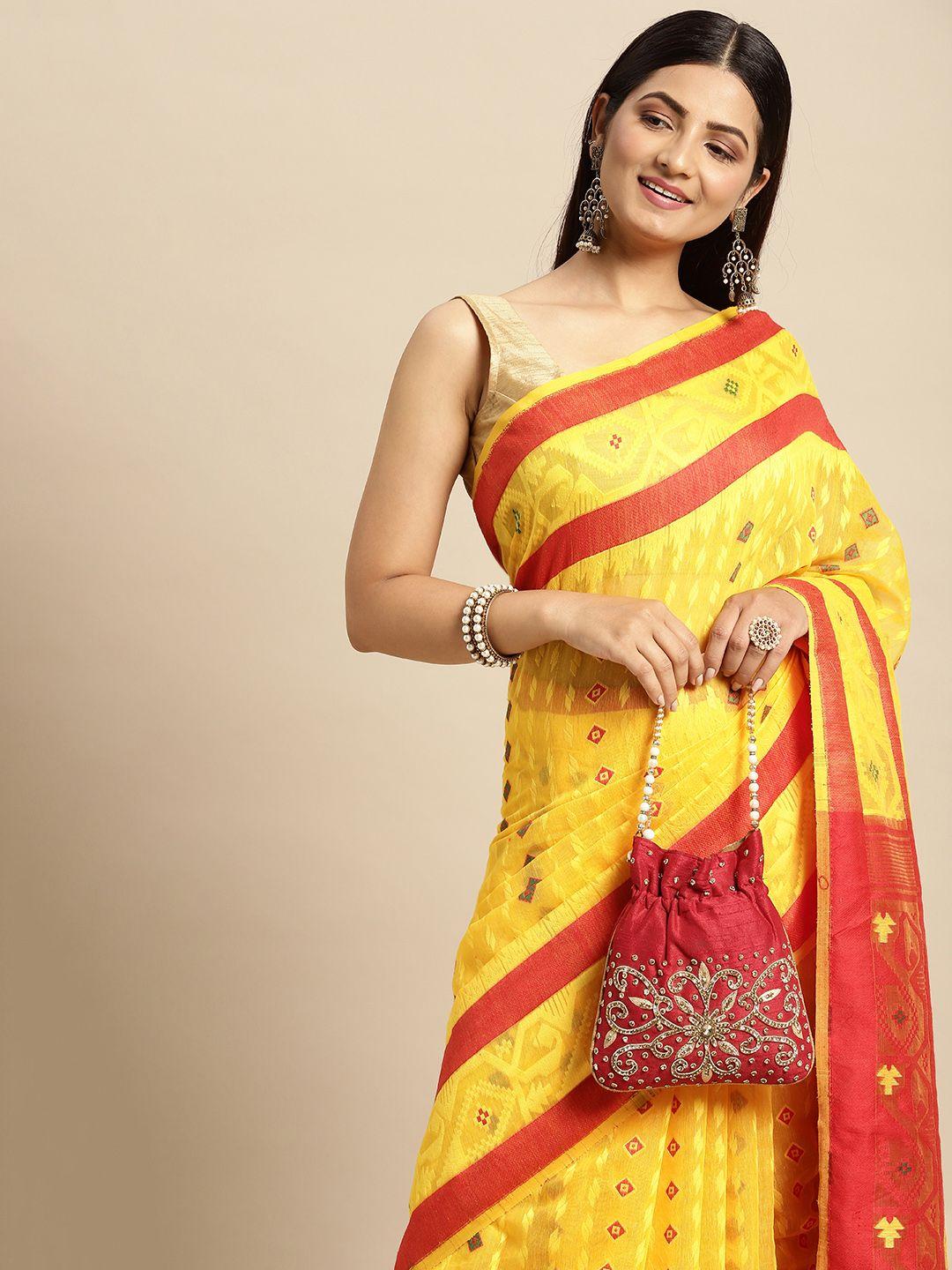 desh bidesh red & yellow woven design pure cotton jamdani saree