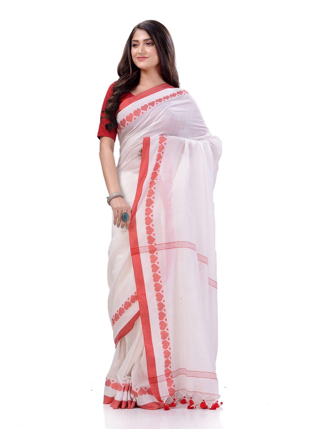 desh bidesh white & red pure cotton handloom taant saree