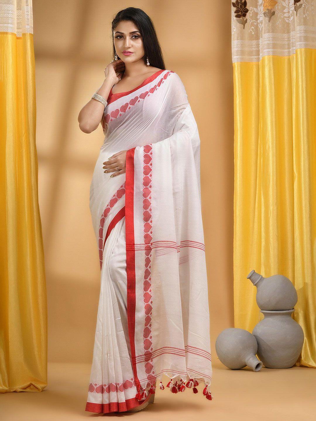 desh bidesh white & red pure cotton taant saree