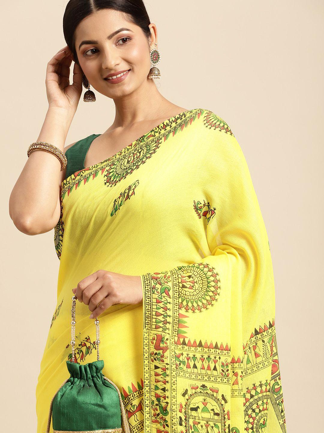 desh bidesh yellow & green warli pure cotton taant saree