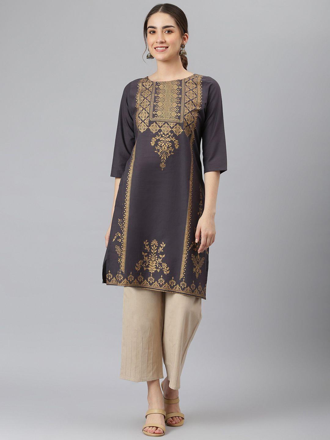 desi beats women grey & gold-toned ethnic motifs printed pure cotton kurta