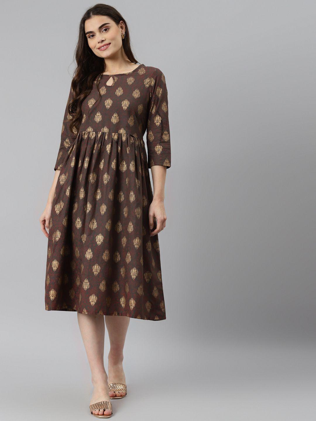 desi beats brown & golden pure cotton ethnic motifs a-line dress