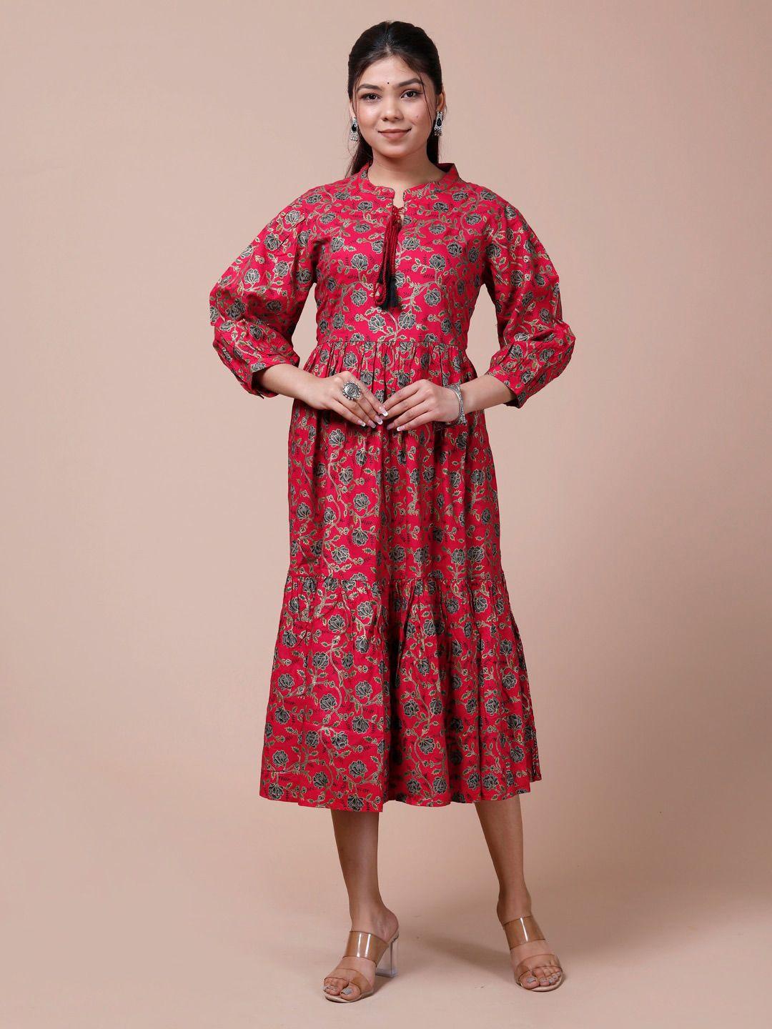 desi beats floral printed puff sleeves gathered fit & flare midi ethnic dress