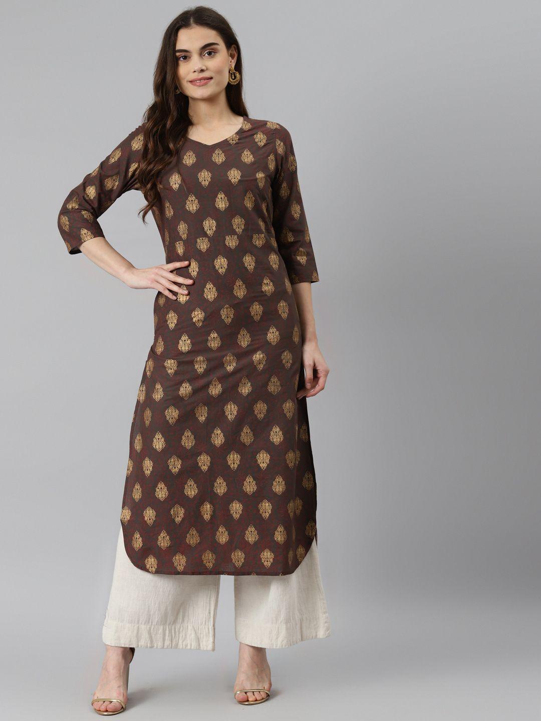 desi beats women brown & beige pure cotton ethnic motifs printed kurta