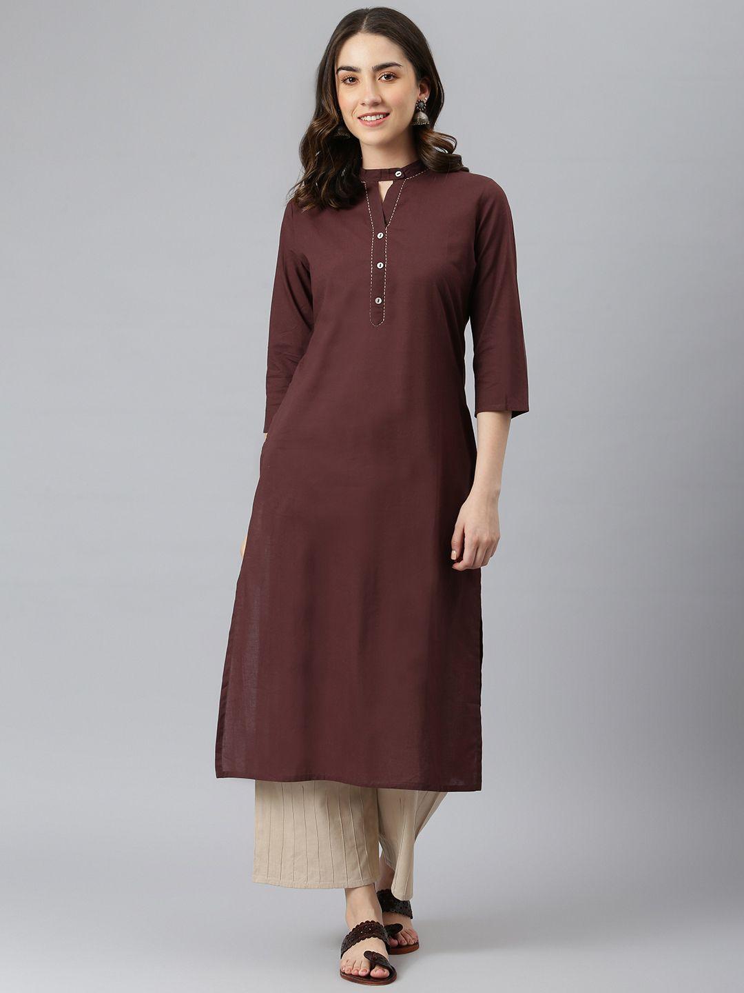 desi beats women brown band collar pure cotton kurta