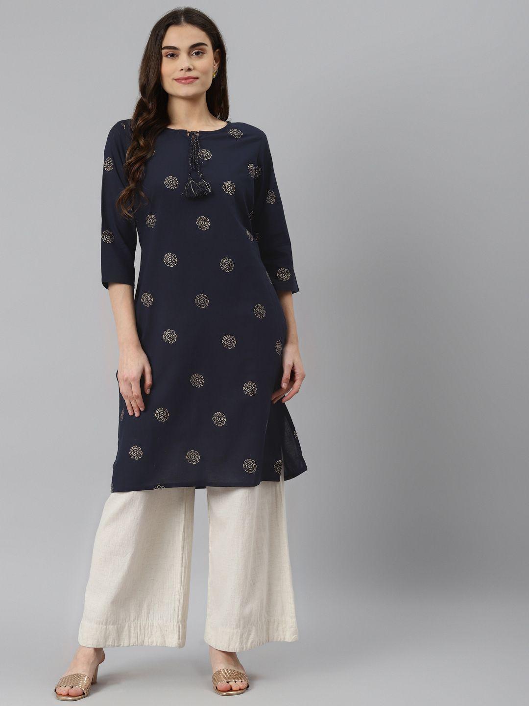 desi beats women navy blue & beige pure cotton ethnic motifs printed indigo kurta