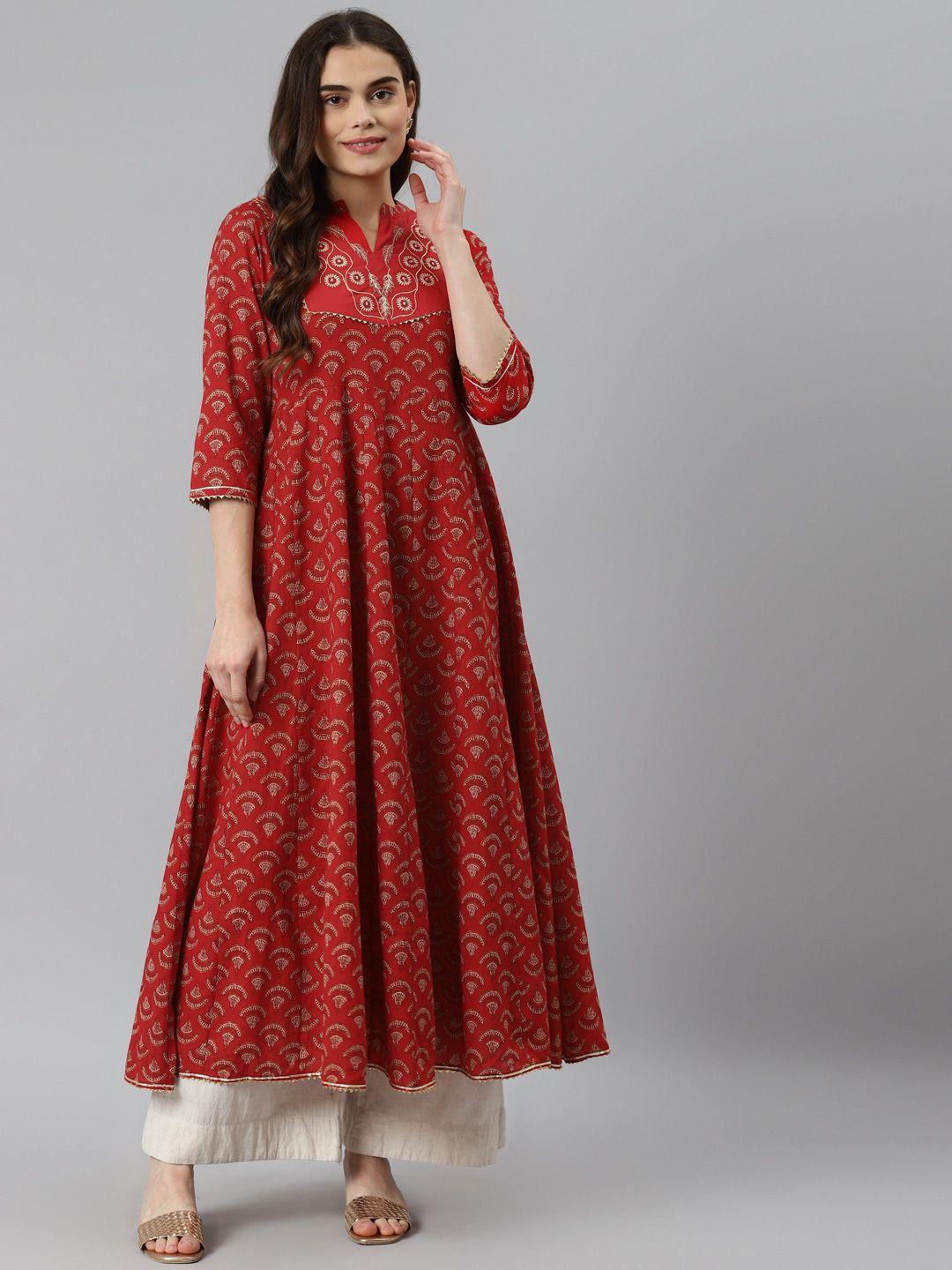 desi beats women red & gold ethnic motifs printed cotton anarkali kurta