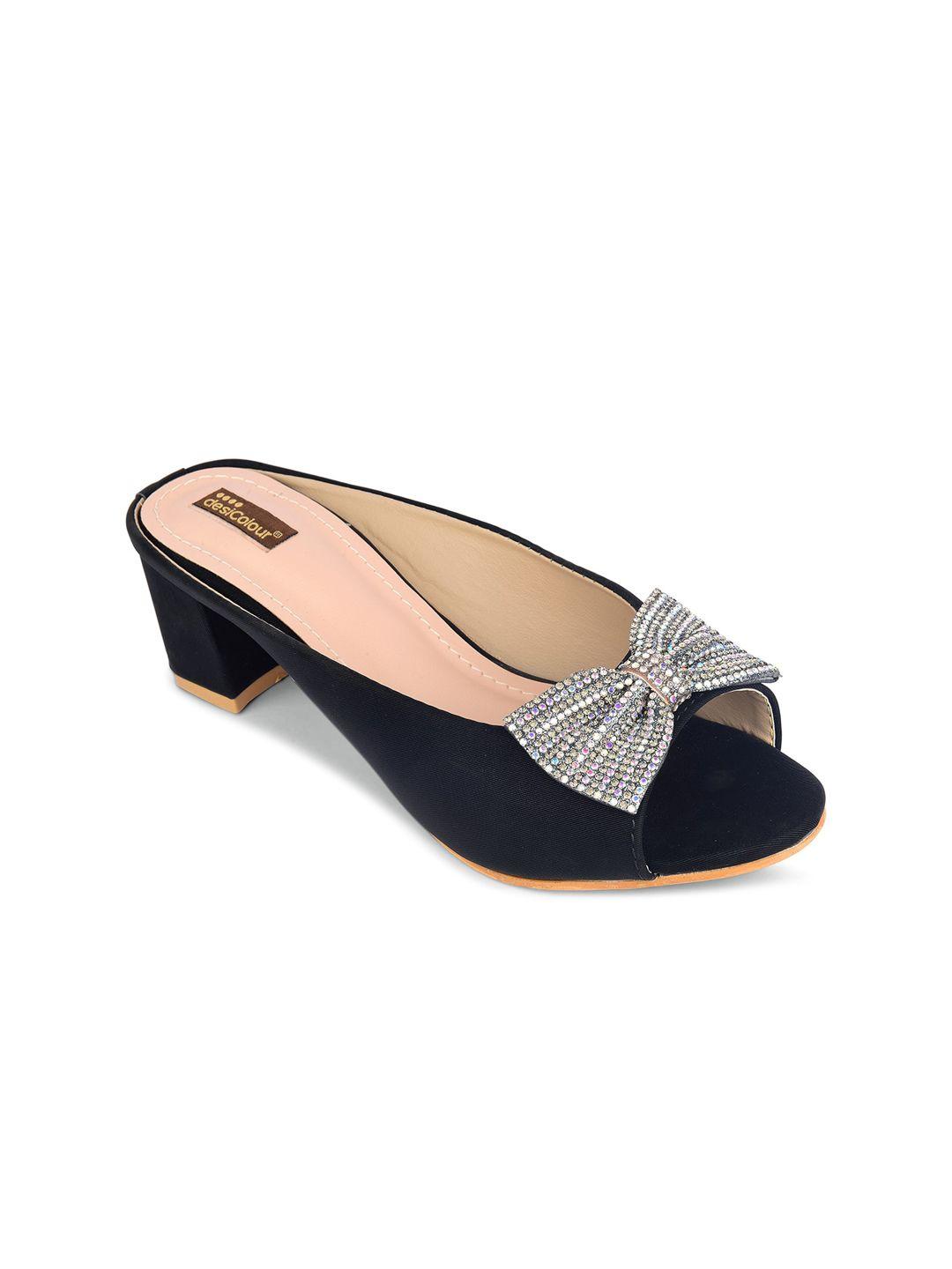 desi colour black embellished party block mules with bows