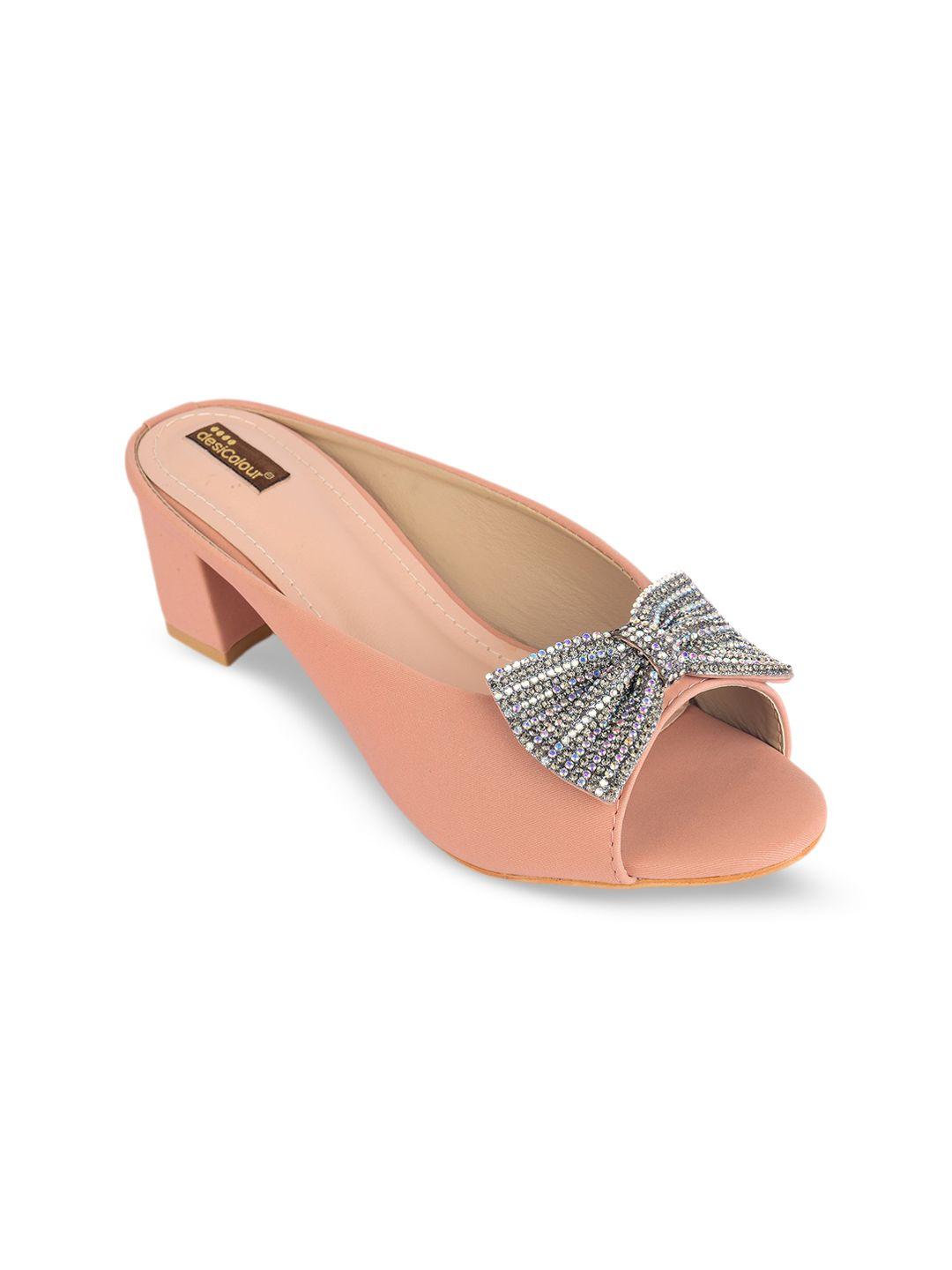 desi colour peach-coloured embellished party block mules with bows
