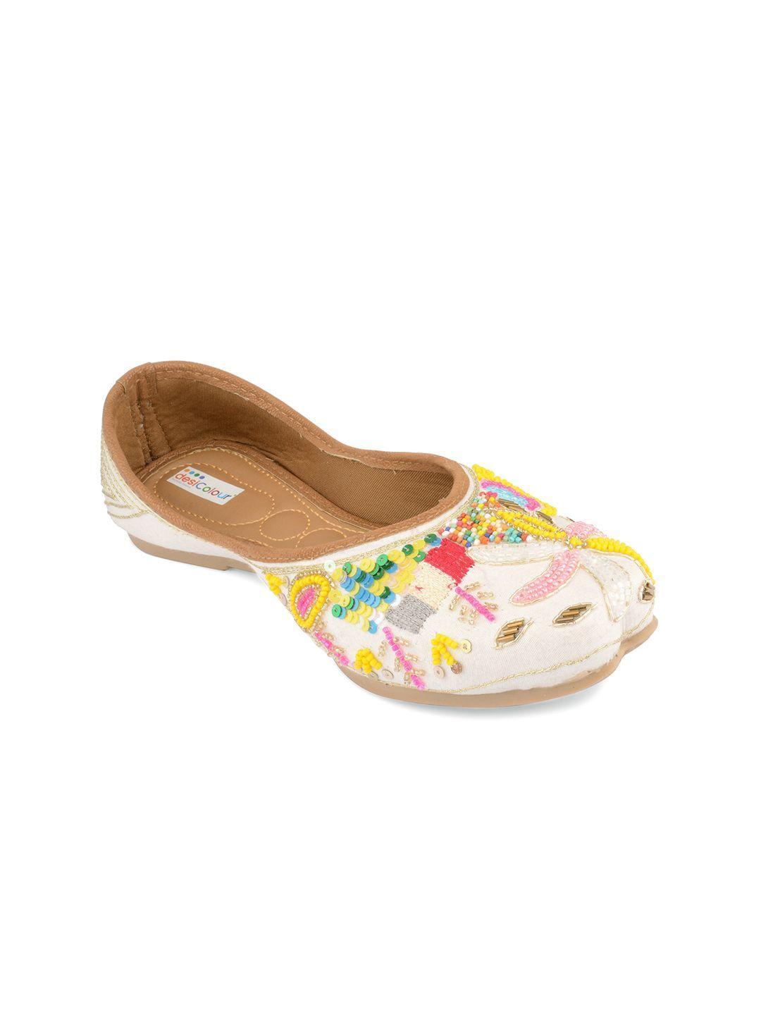 desi colour women white embellished ethnic mojaris flats