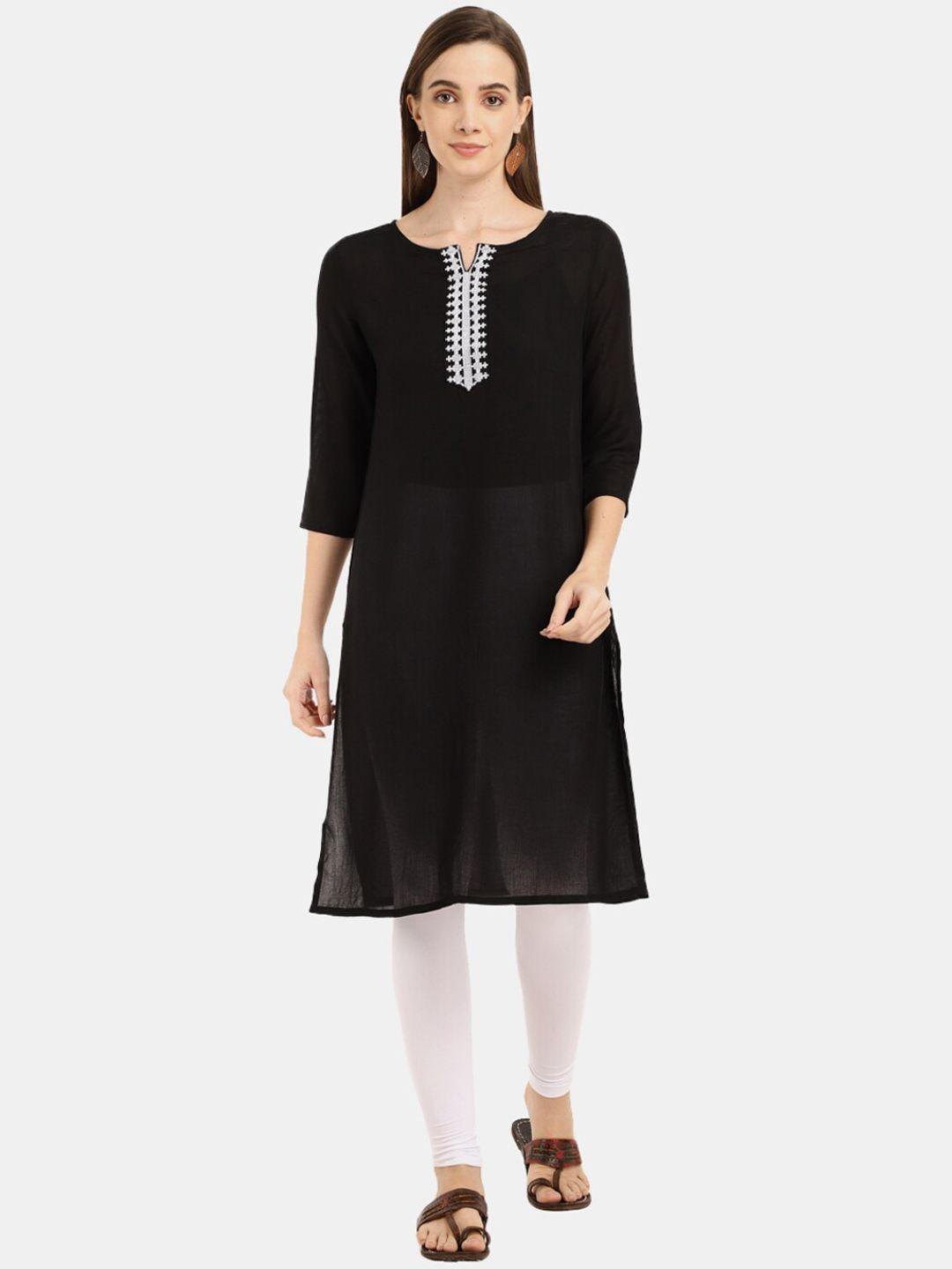 desi mix women black ethnic solid rayon round neck kurta work