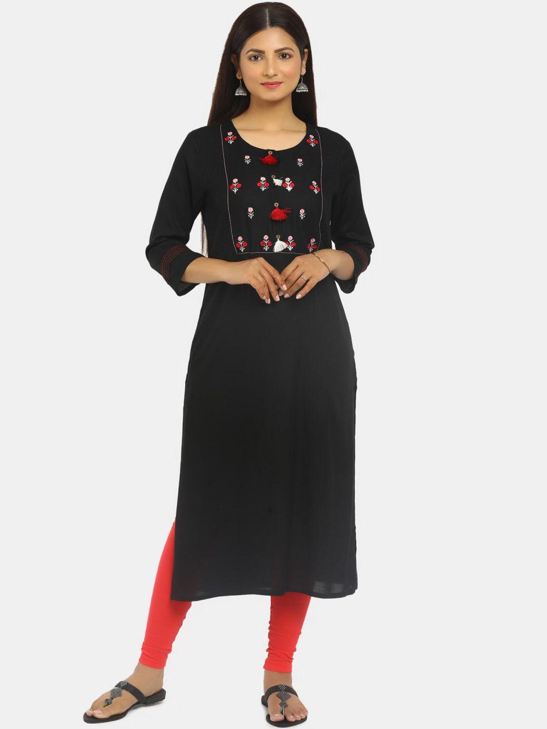 desi mix women black yoke design thread work kurta