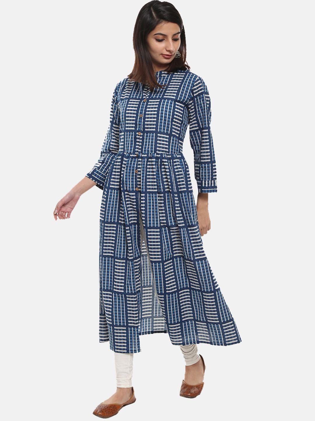 desi mix women blue & white striped kurta