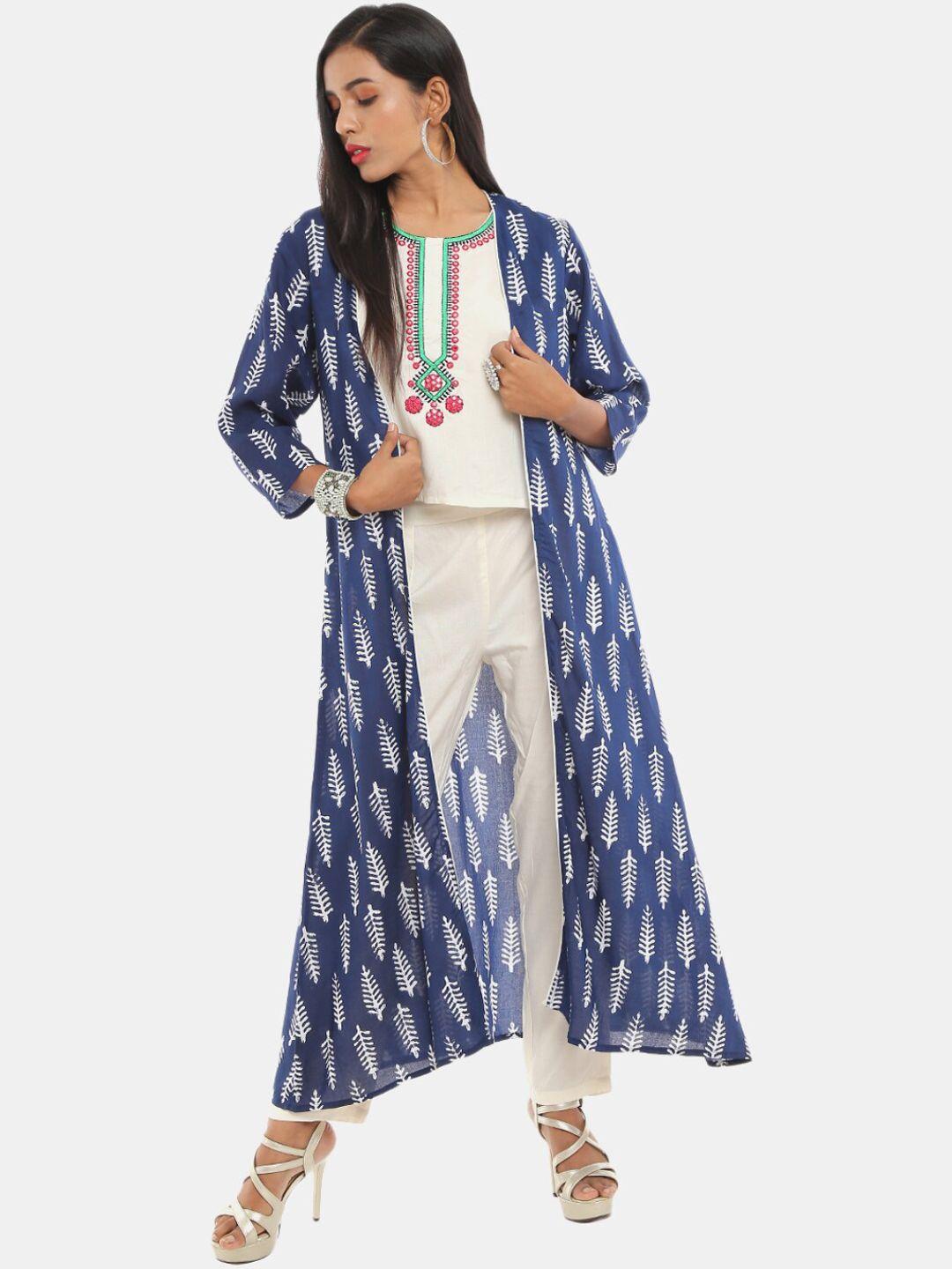 desi mix women blue ethnic motifs layered kurta with trousers