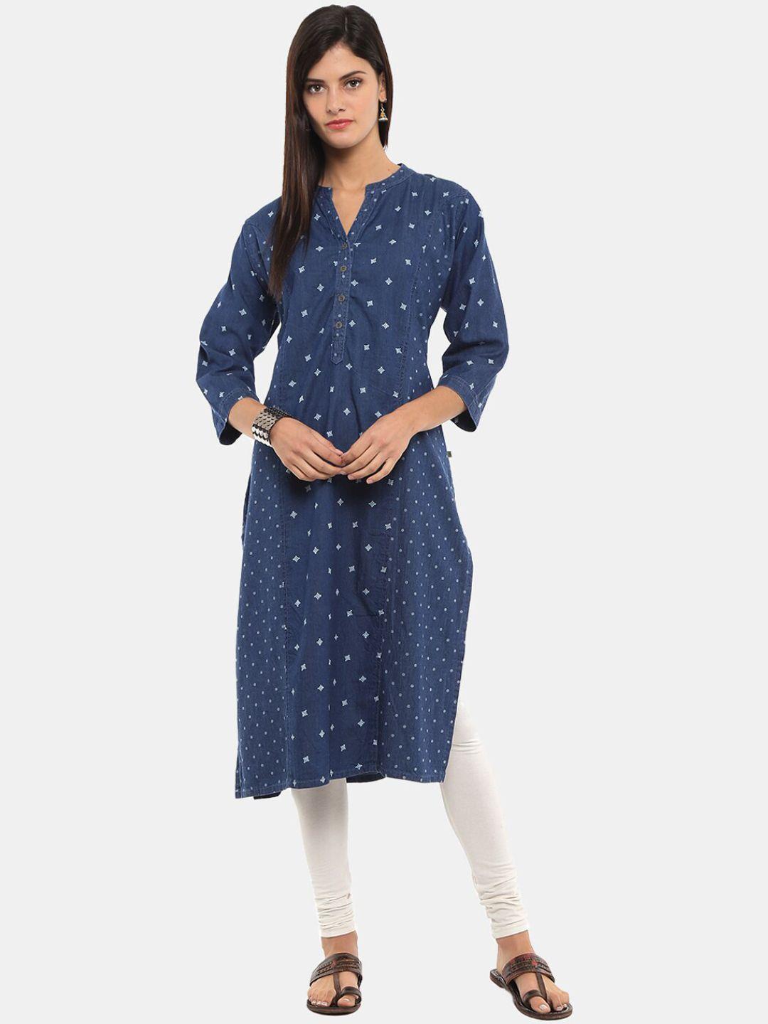 desi mix women blue geometric thread work kurta