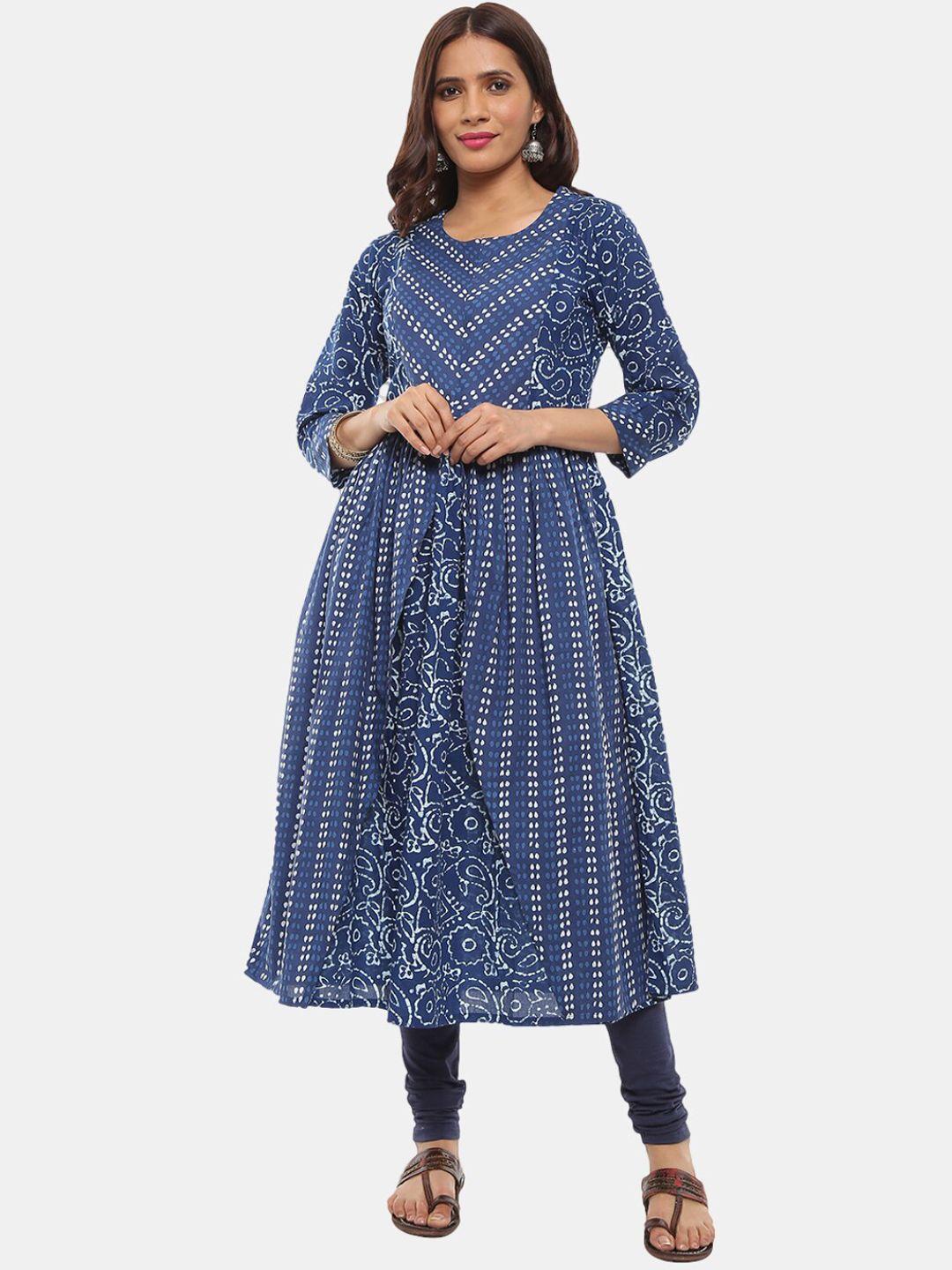 desi mix women cotton blue printed regular pleetef design  sleeves anarkali kurta