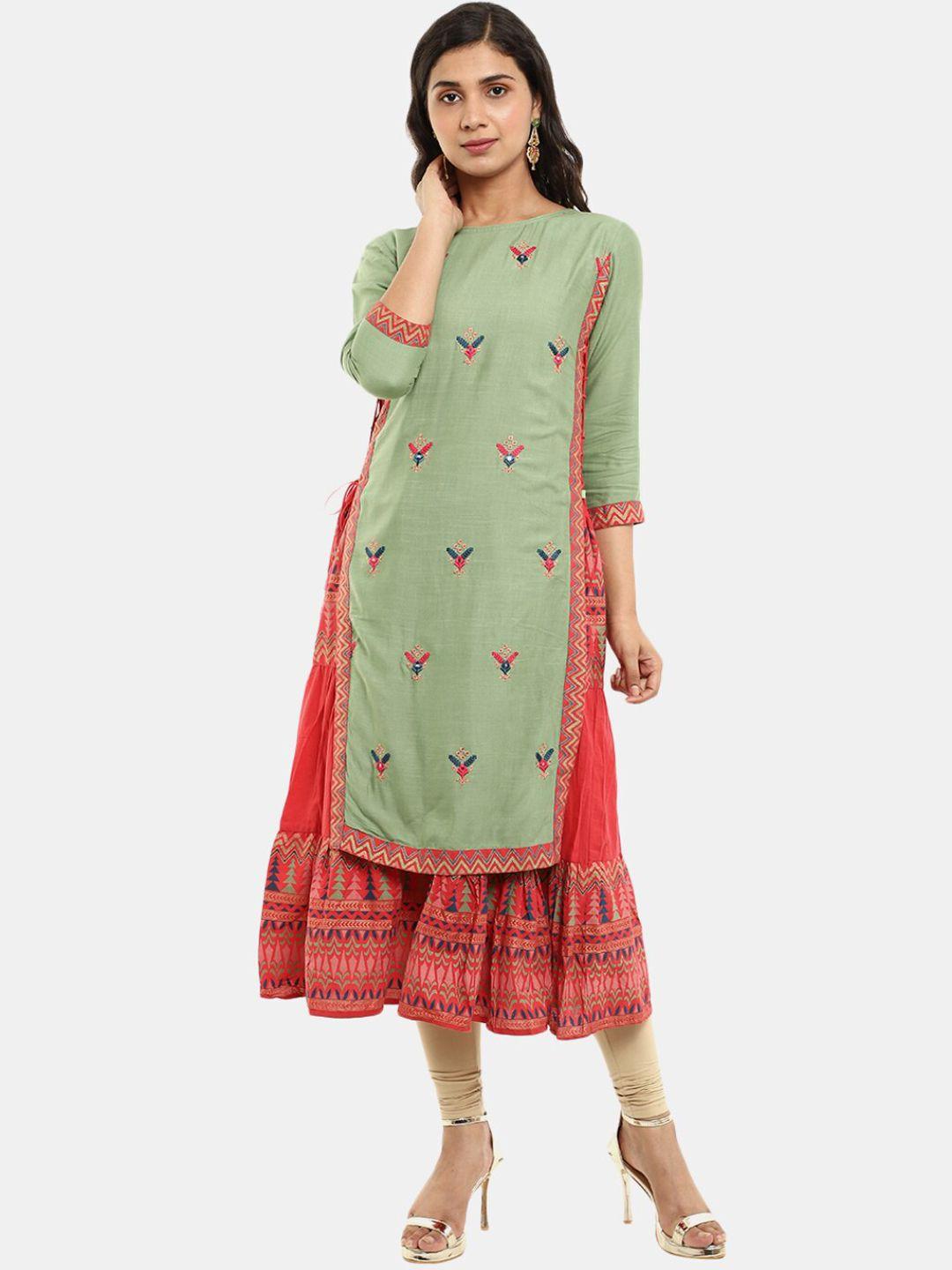 desi mix women green cotton  ethnic motifs thread work anarkali kurta