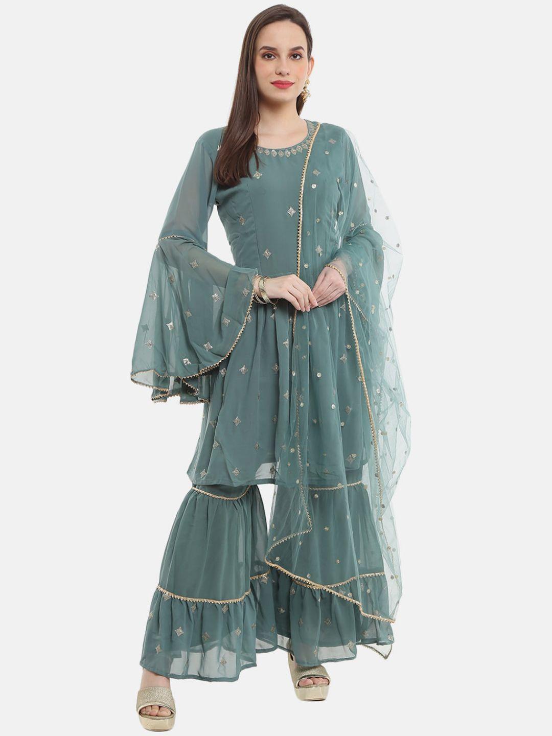 desi mix women green ethnic motifs embroidered georgette kurta