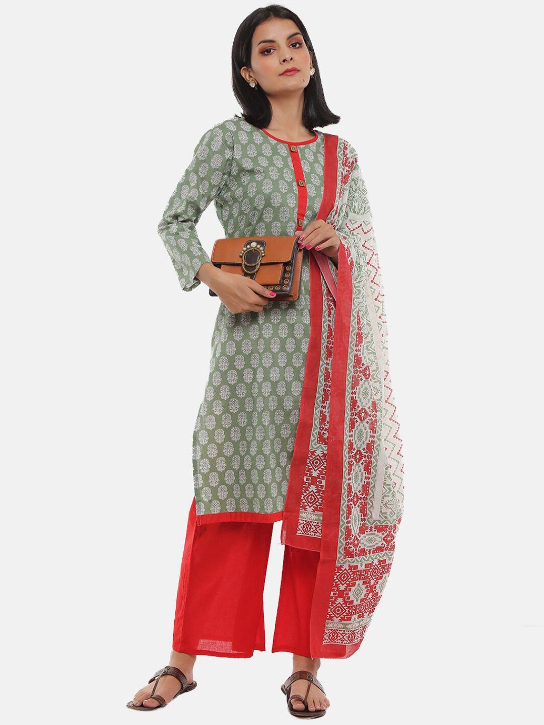 desi mix women green ethnic motifs printed kurta with palazzos & with dupatta